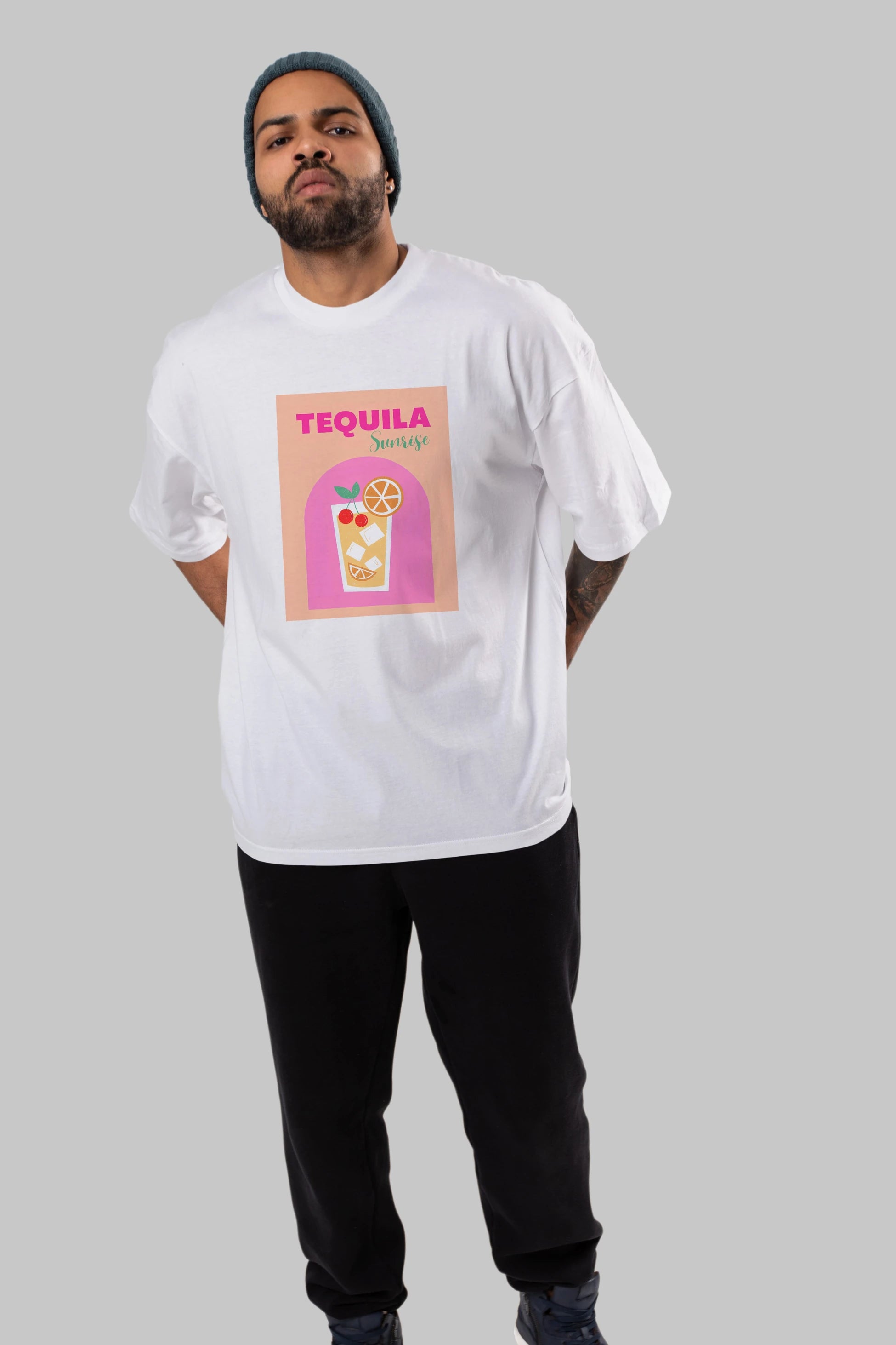 Tequila Sunrise 2 Ön Baskılı Oversize t-shirt Erkek Kadın Unisex %100 Pamuk Bisiklet Yaka tişort