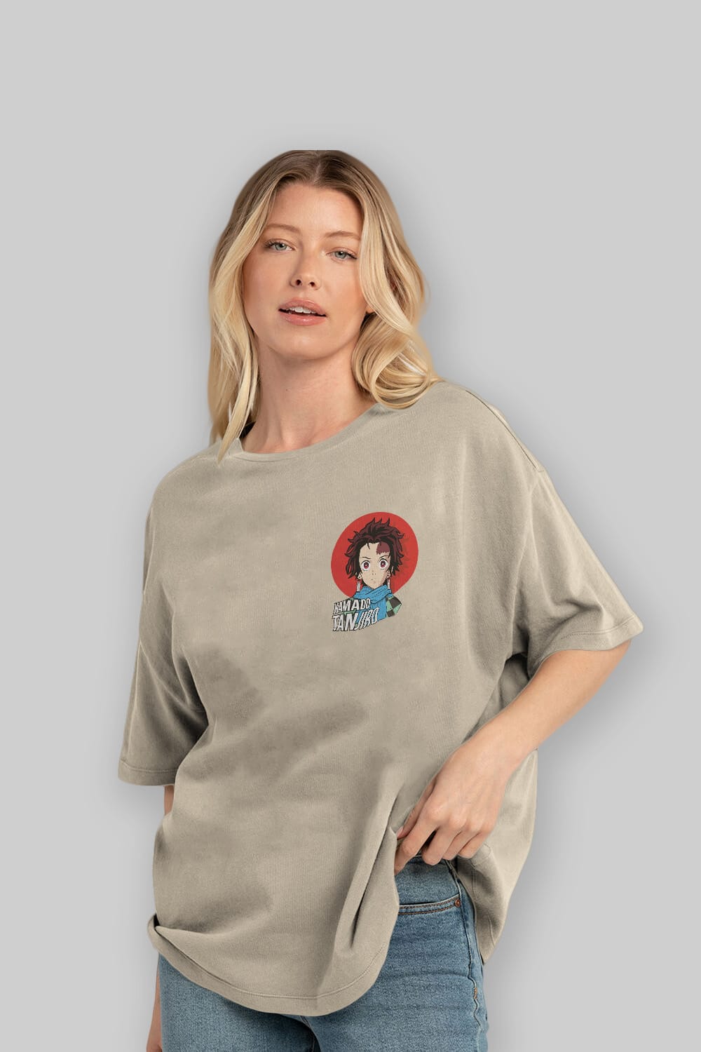 TANJIRO KAMADO Ön Sol Baskılı Oversize t-shirt Erkek Kadın Unisex %100 Pamuk Bisiklet Yaka tişort