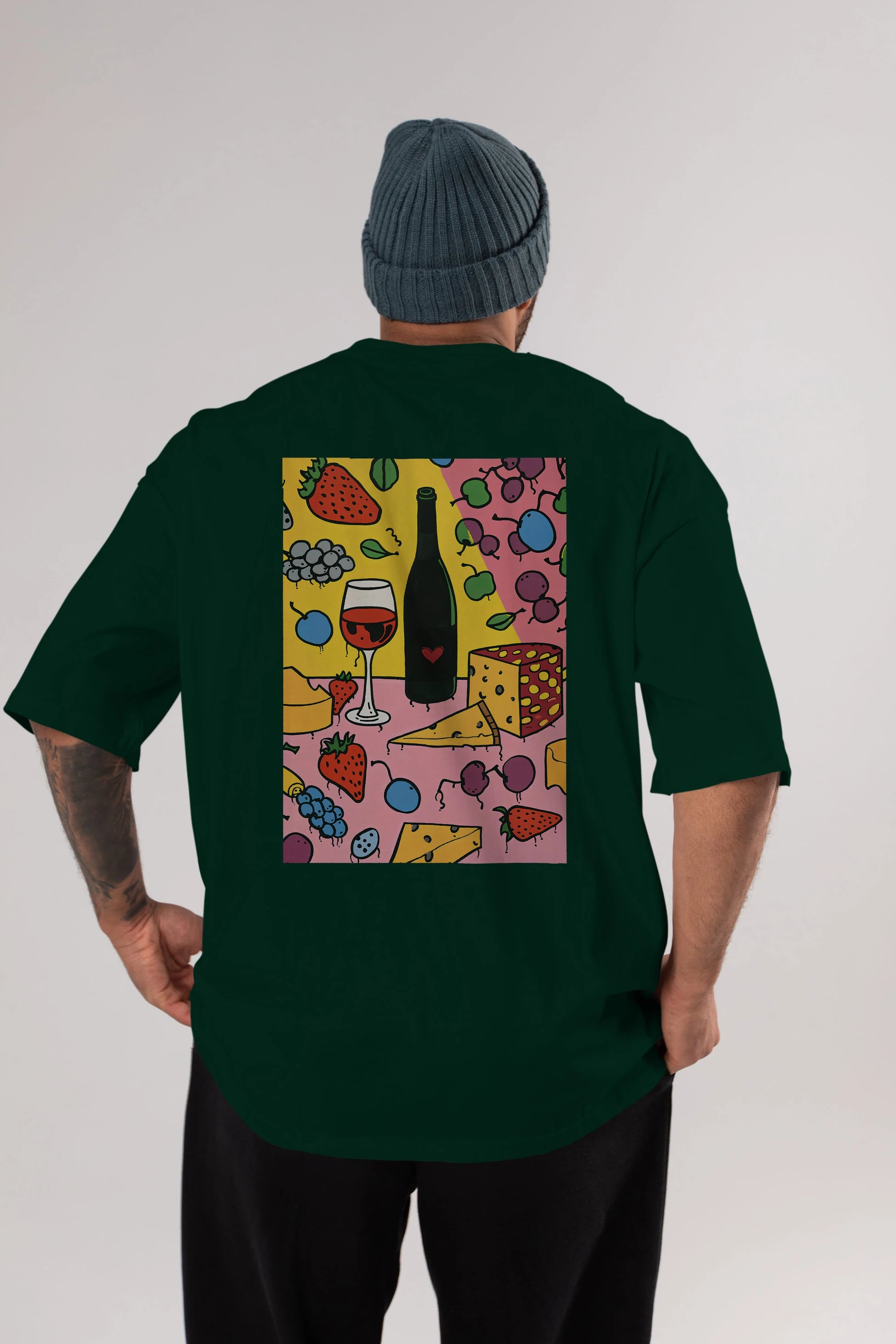 Wine Cheese Fruits Arka Baskılı Oversize t-shirt Erkek Kadın Unisex %100 Pamuk Bisiklet Yaka tişort