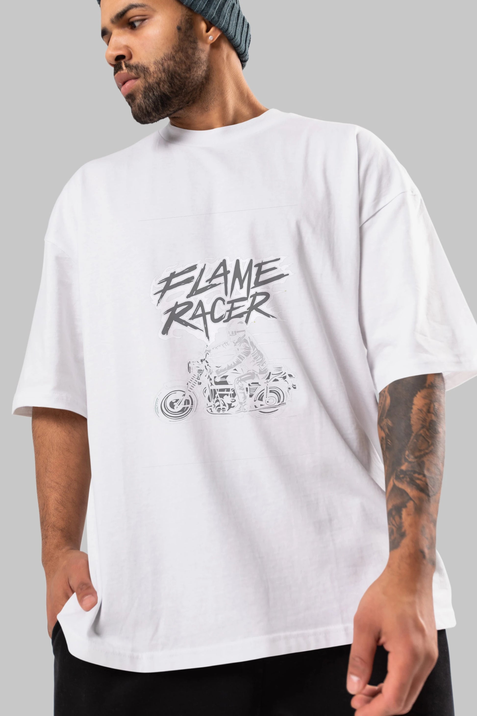 Flame Racer Ön Baskılı Oversize t-shirt Erkek Kadın Unisex %100 Pamuk tişort
