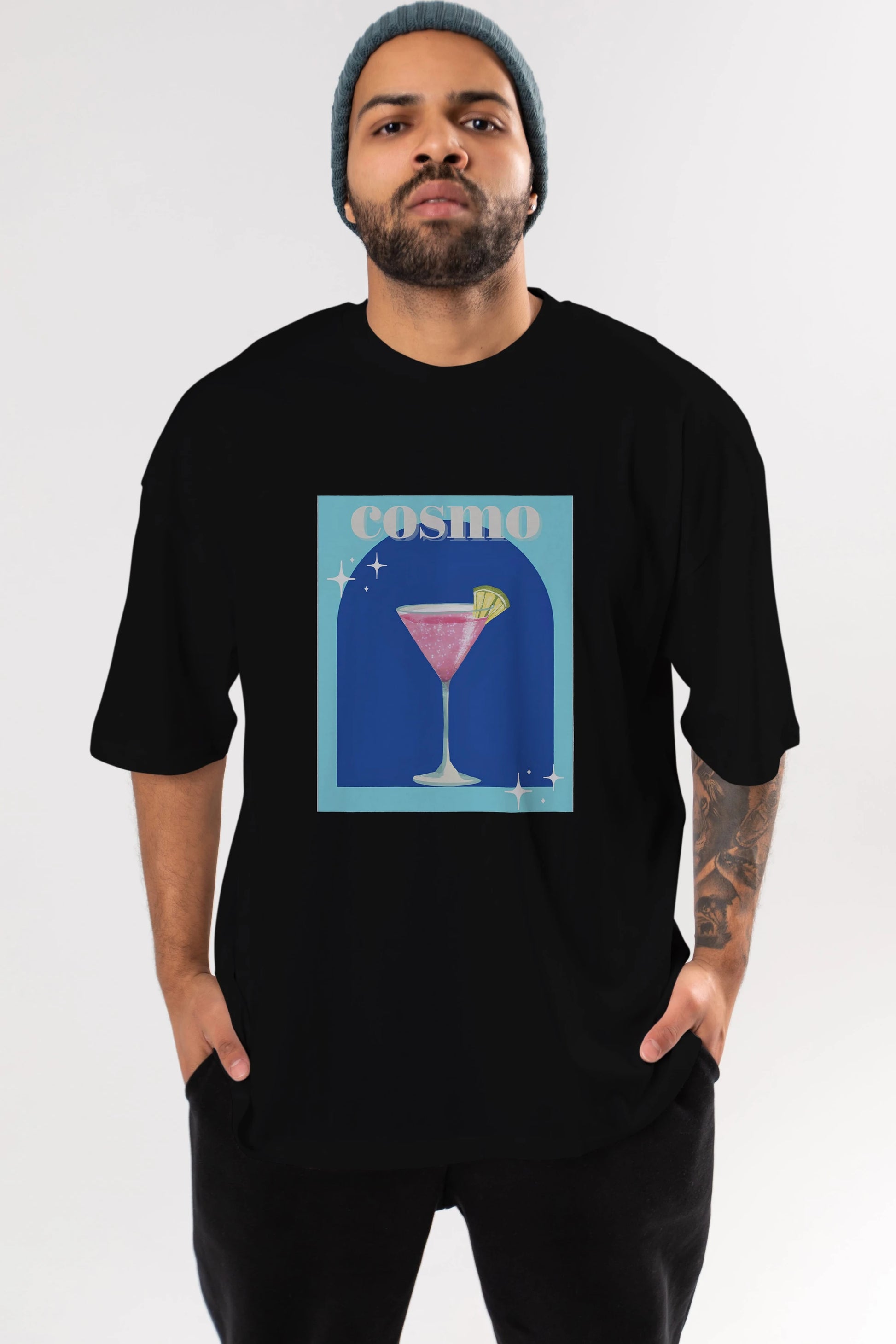 Cosmopolitan 2 Ön Baskılı Oversize t-shirt Erkek Kadın Unisex %100 Pamuk Bisiklet Yaka tişort