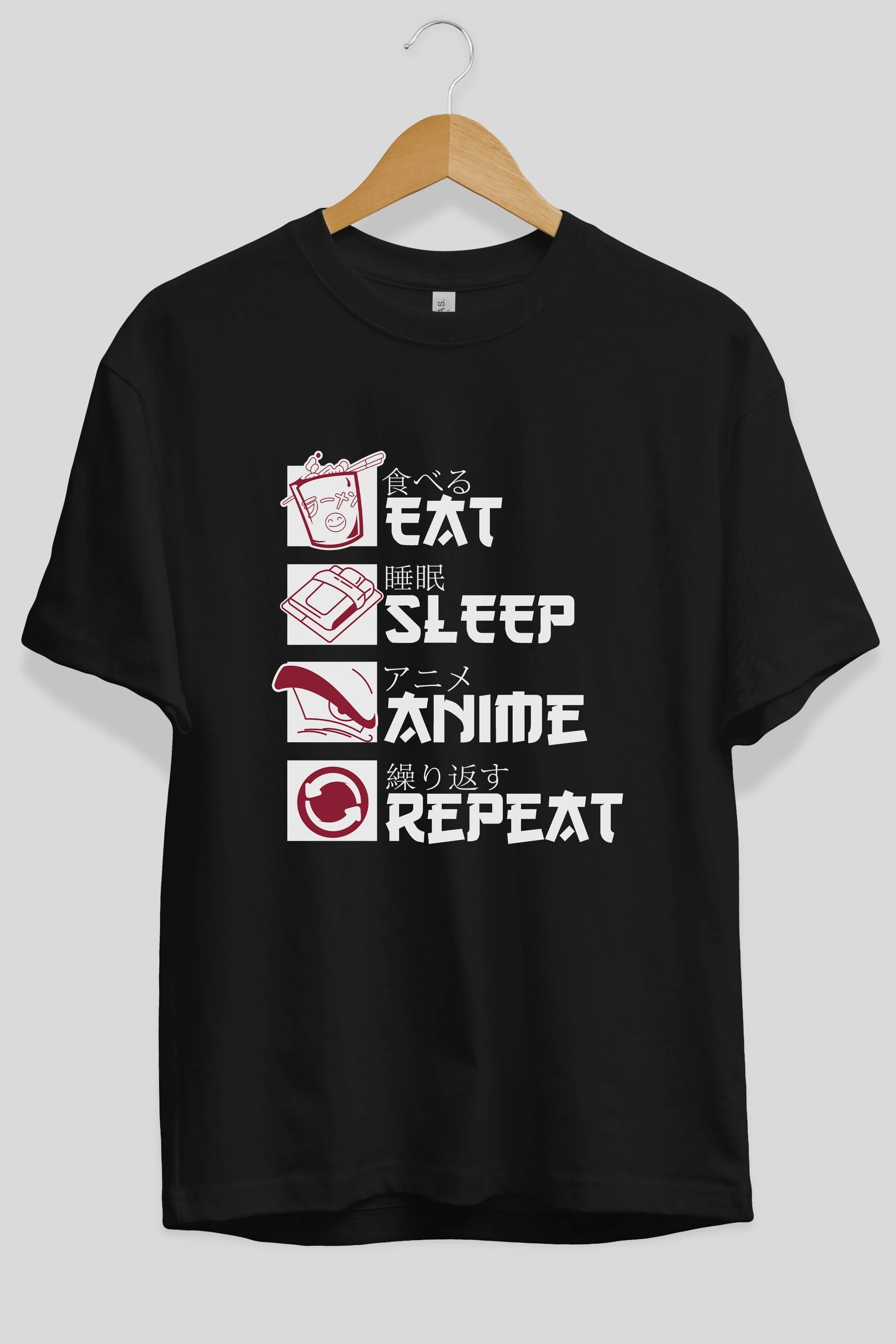 Eat, Sleep, Anime, Repeat Anime Ön Baskılı Oversize t-shirt %100 pamuk Erkek Kadın Unisex