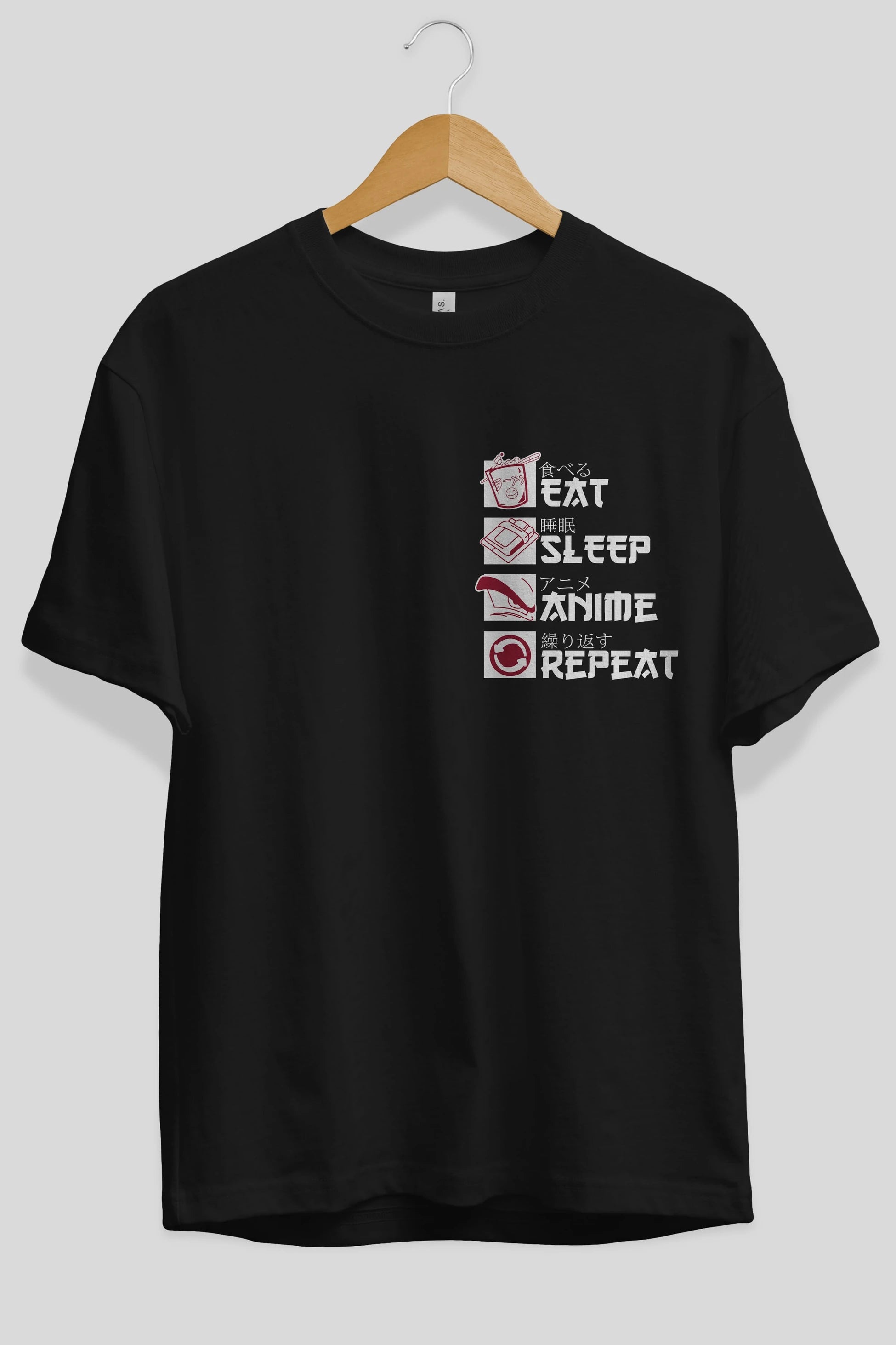 Eat, Sleep, Anime, Repeat Ön Sol Baskılı Oversize t-shirt Erkek Kadın Unisex %100 Pamuk Bisiklet Yaka tişort