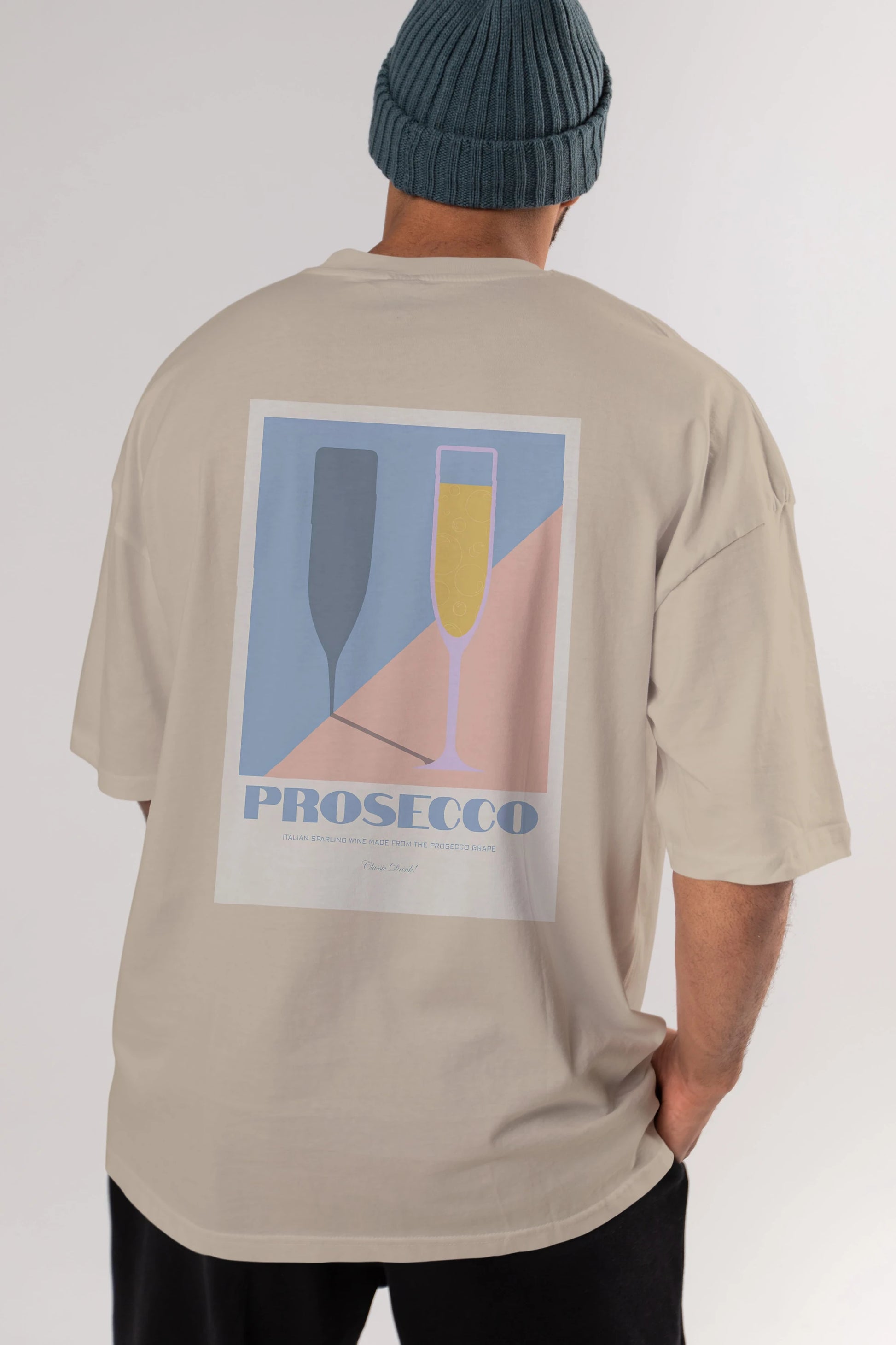 Prosecco Arka Baskılı Oversize t-shirt Erkek Kadın Unisex %100 Pamuk Bisiklet Yaka tişort
