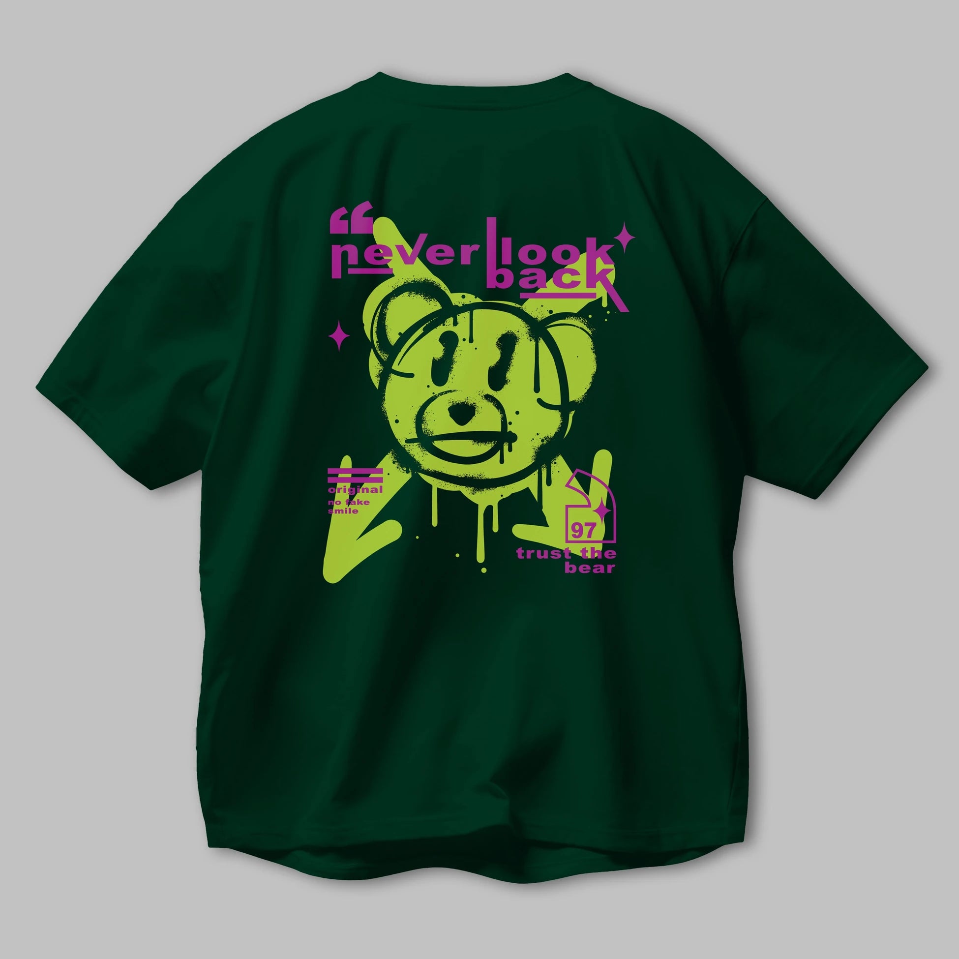 Never Look Back Bear Arka Baskılı Oversize t-shirt Erkek Kadın Unisex