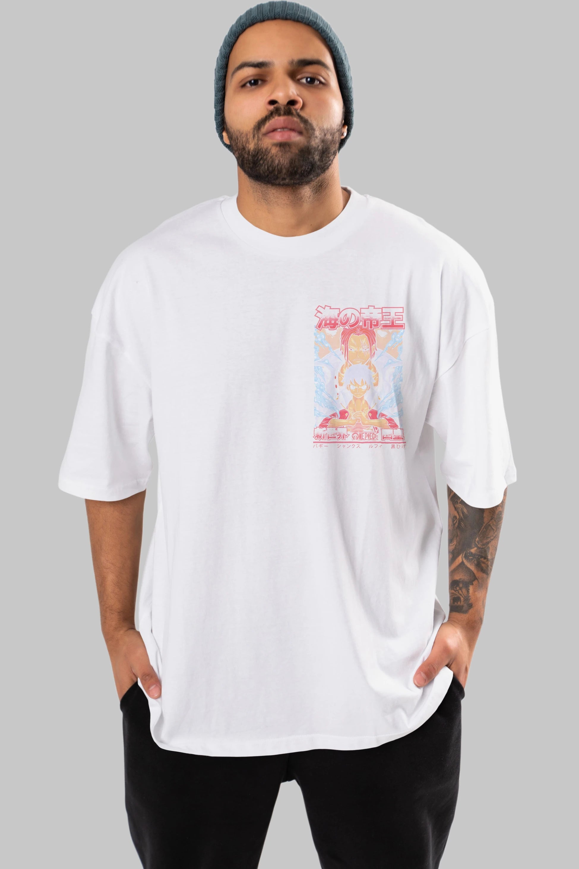 MONKEY D. LUFF and SHANKS Ön Sol Baskılı Oversize t-shirt Erkek Kadın Unisex %100 Pamuk Bisiklet Yaka tişort