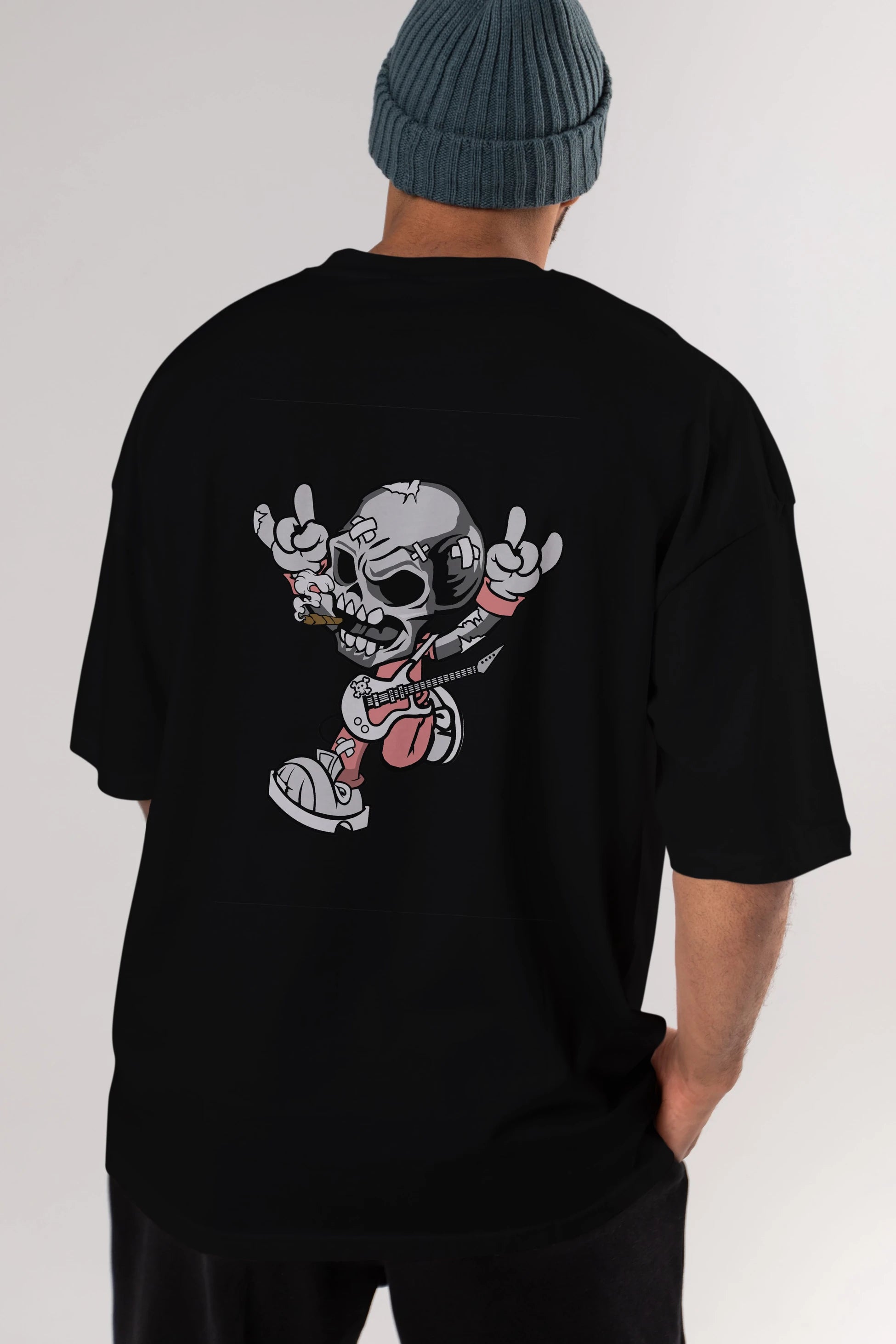 Skull Metal Sign Arka Baskılı Oversize t-shirt Erkek Kadın Unisex %100 Pamuk tişort