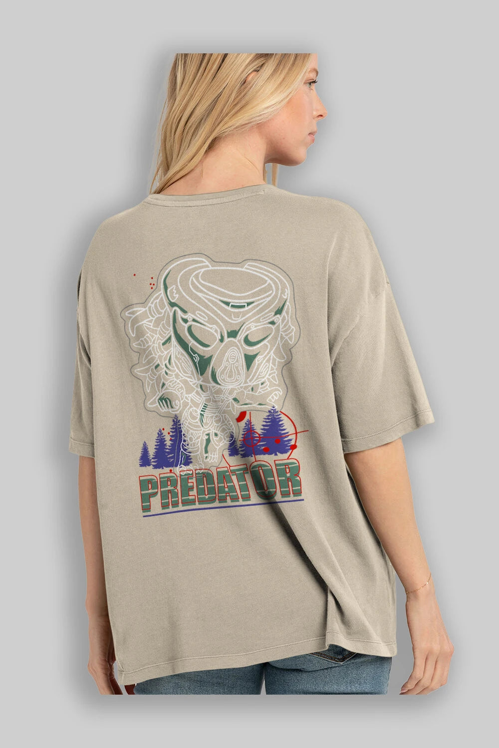 Predator Arka Baskılı Oversize t-shirt Erkek Kadın Unisex %100 Pamuk Bisiklet Yaka tişort