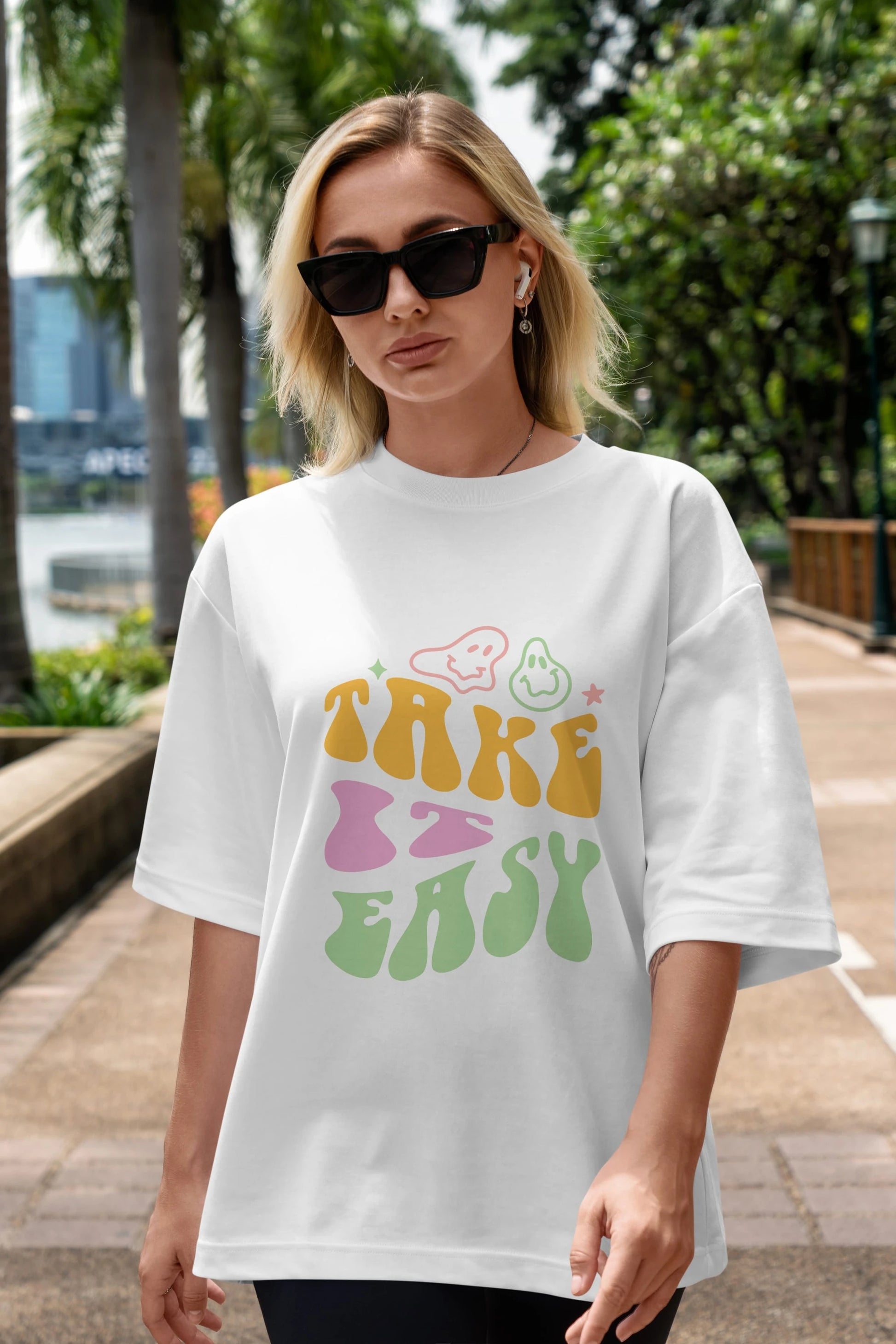 Take it Easy Yazılı Ön Baskılı Oversize t-shirt Erkek Kadın Unisex