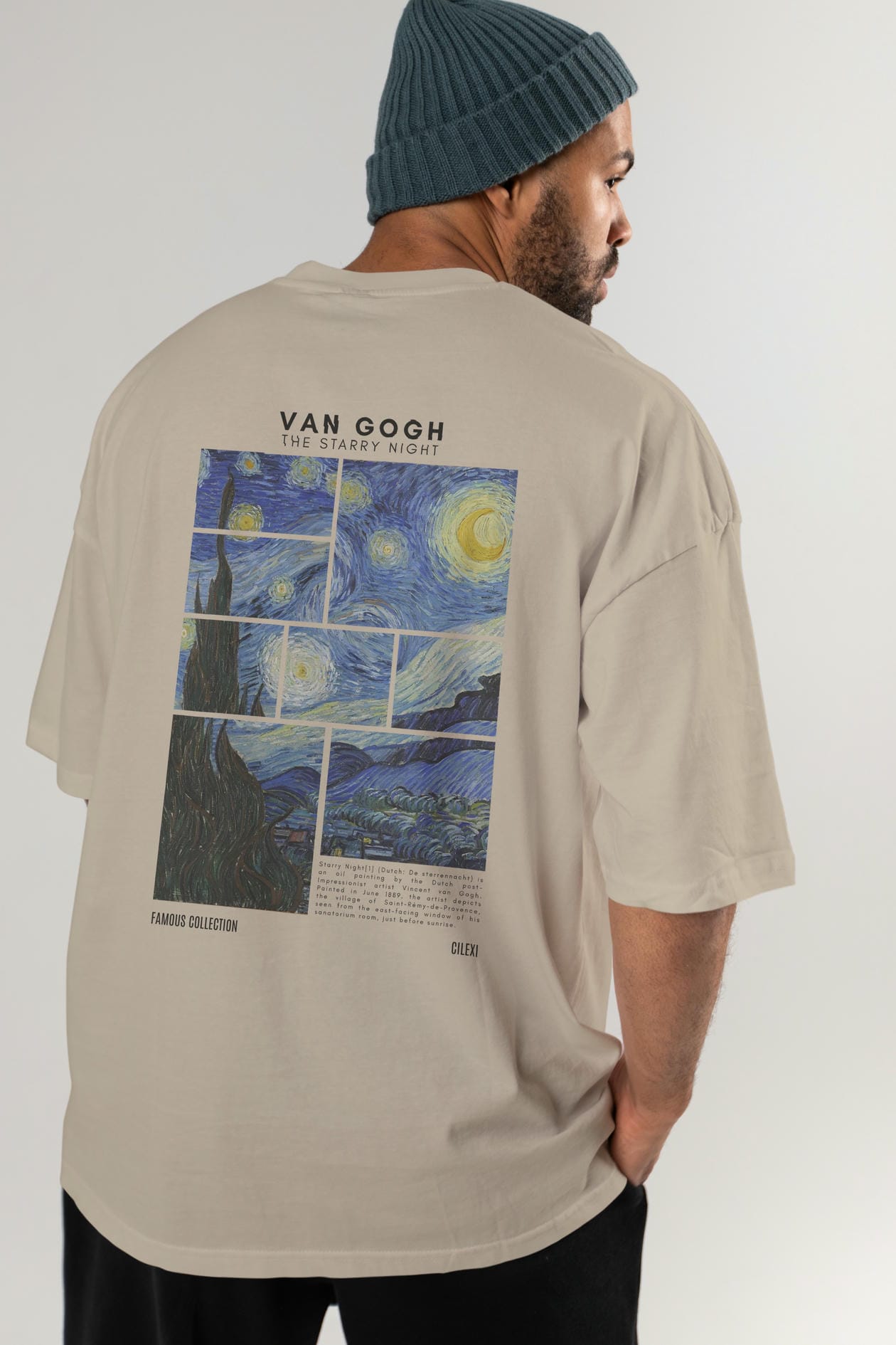 Van Gogh The Starry Night Arka Baskılı Oversize t-shirt Erkek Kadın Bisiklet Yaka Pamuk tişort