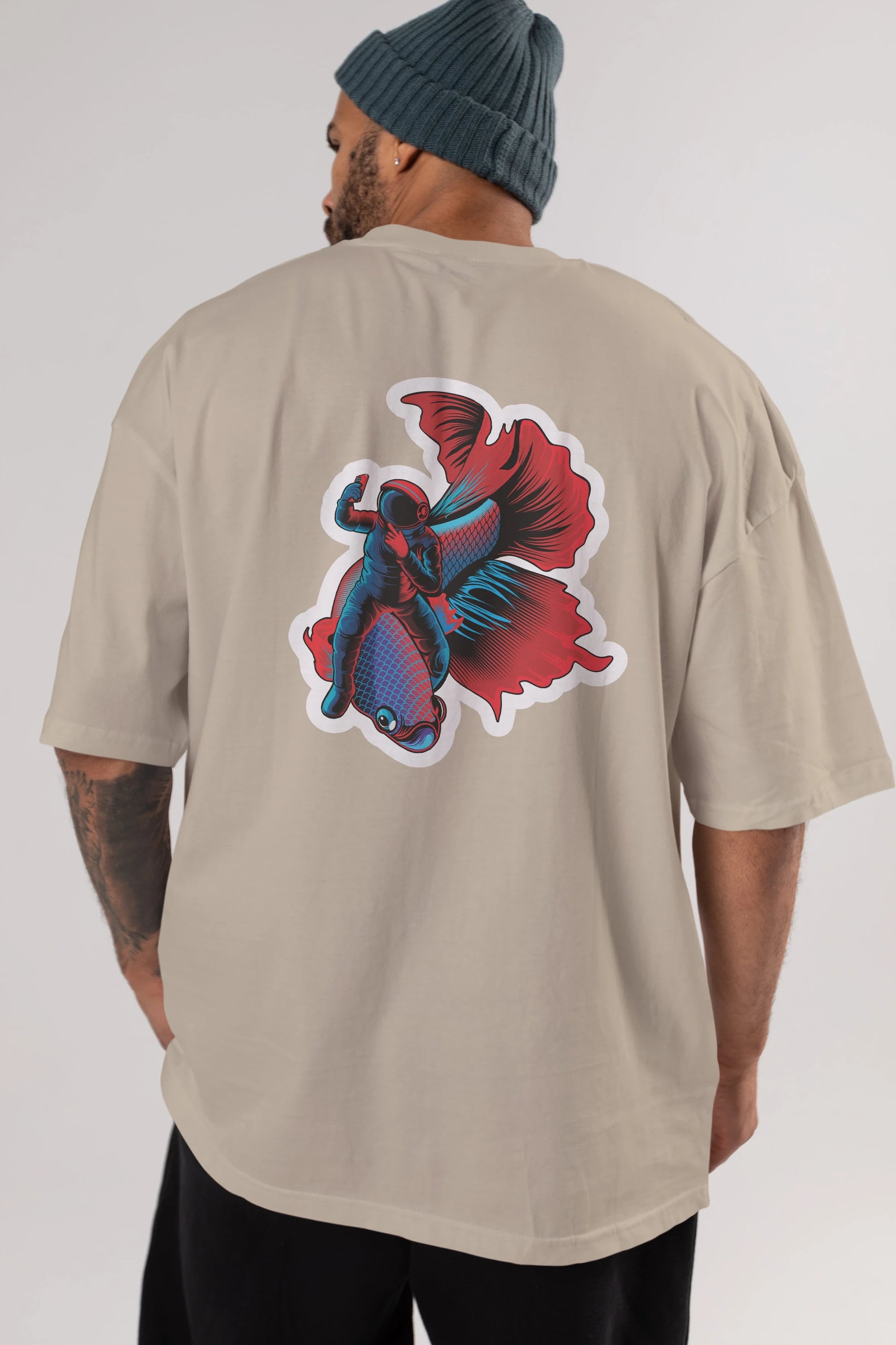 Astrofish selfie sticker Arka Baskılı Oversize t-shirt Erkek Kadın Unisex