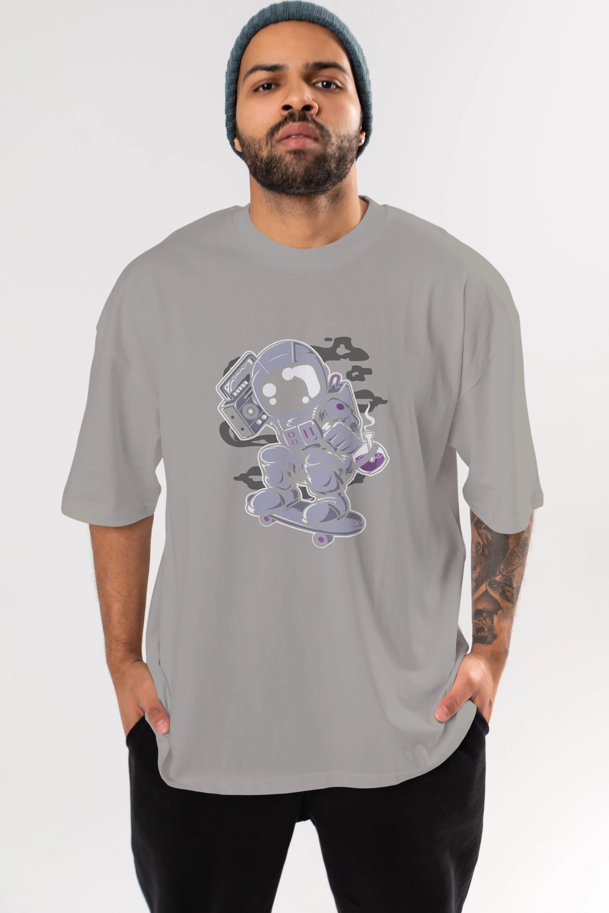 Astroanut Skater Boombox Ön Baskılı Oversize t-shirt Erkek Kadın Unisex