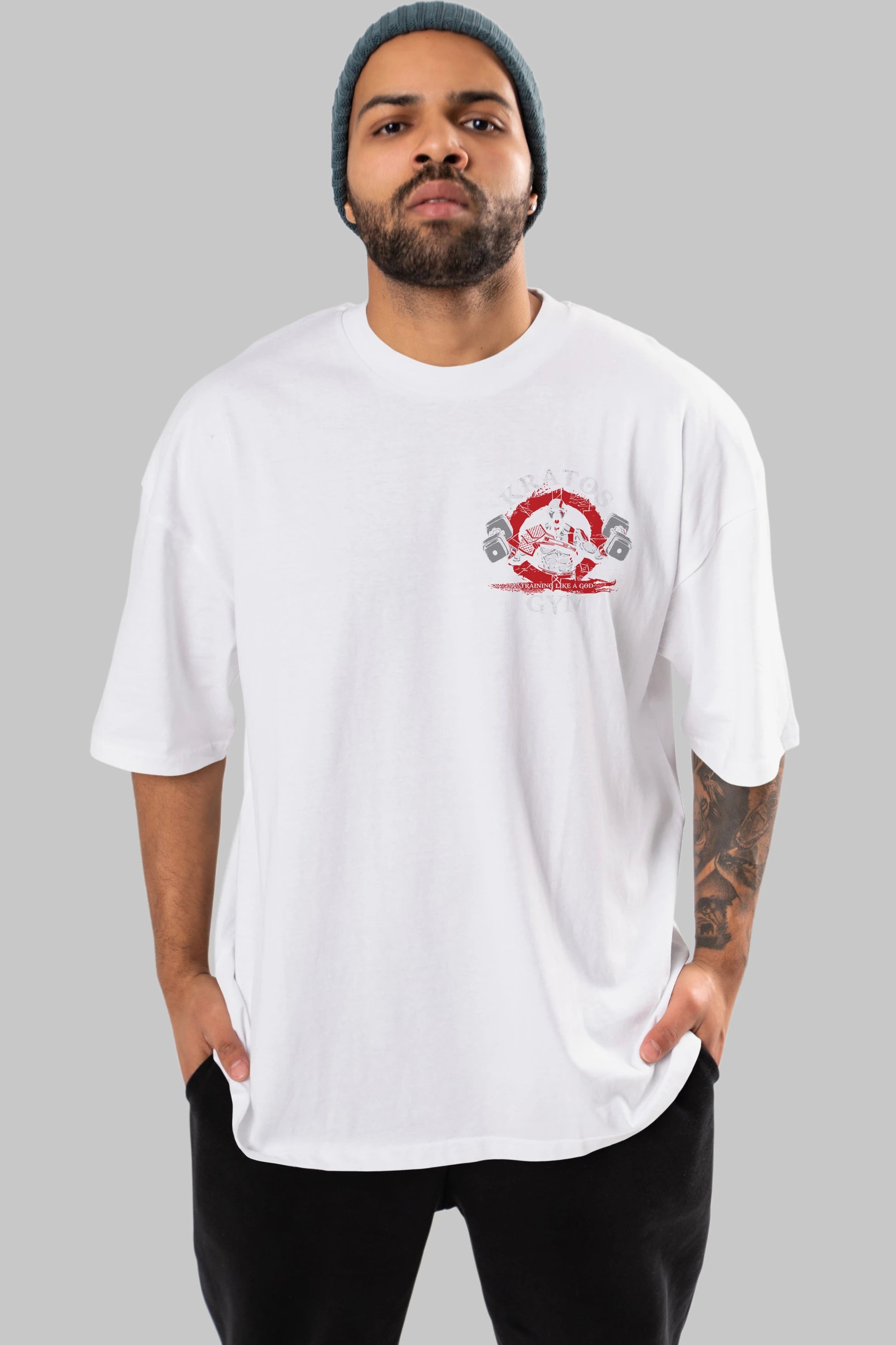 Kratos GYM Ön Sol Baskılı Oversize t-shirt Erkek Kadın Unisex %100 Pamuk Bisiklet Yaka tişort