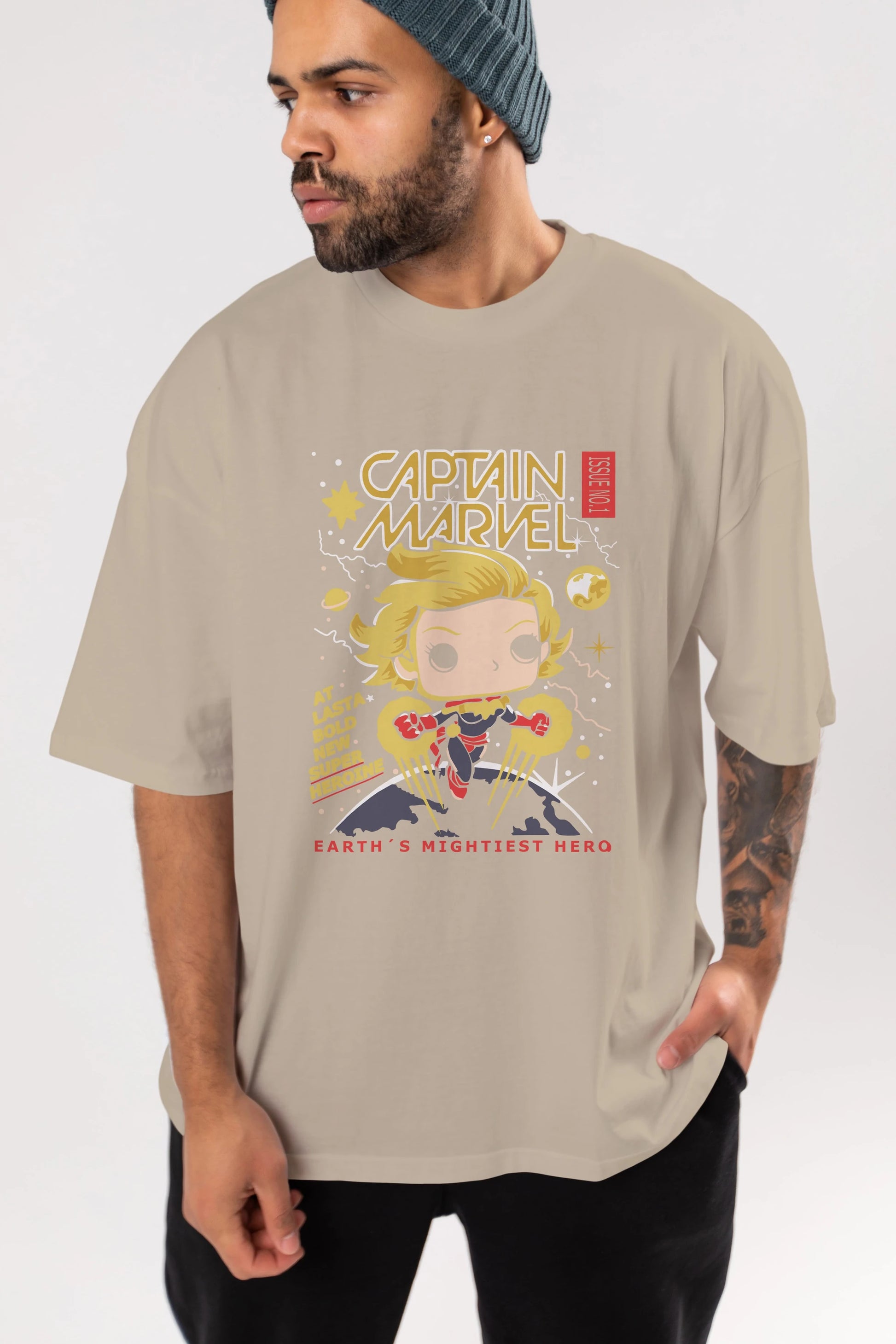 Captain Marvel Ön Baskılı Oversize t-shirt Erkek Kadın Unisex %100 Pamuk Bisiklet Yaka tişort