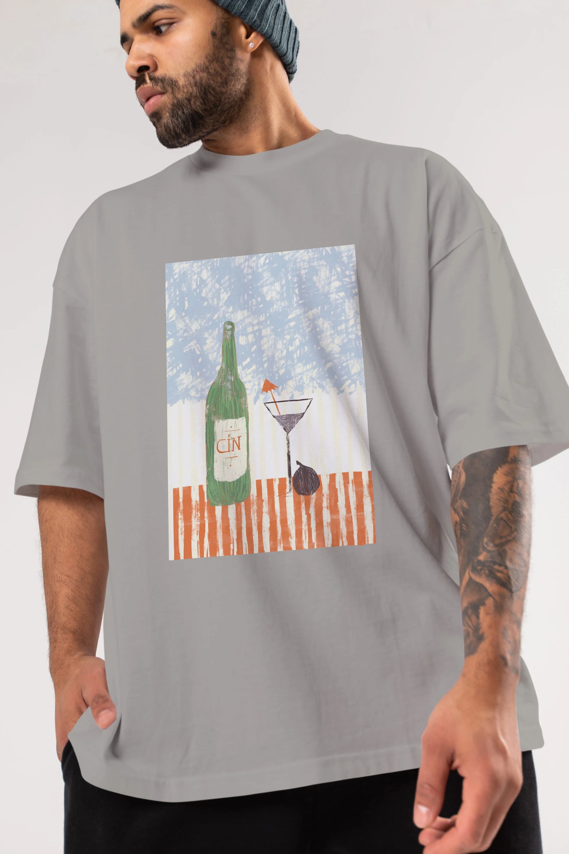 Gin Ön Baskılı Oversize t-shirt Erkek Kadın Unisex %100 Pamuk Bisiklet Yaka tişort