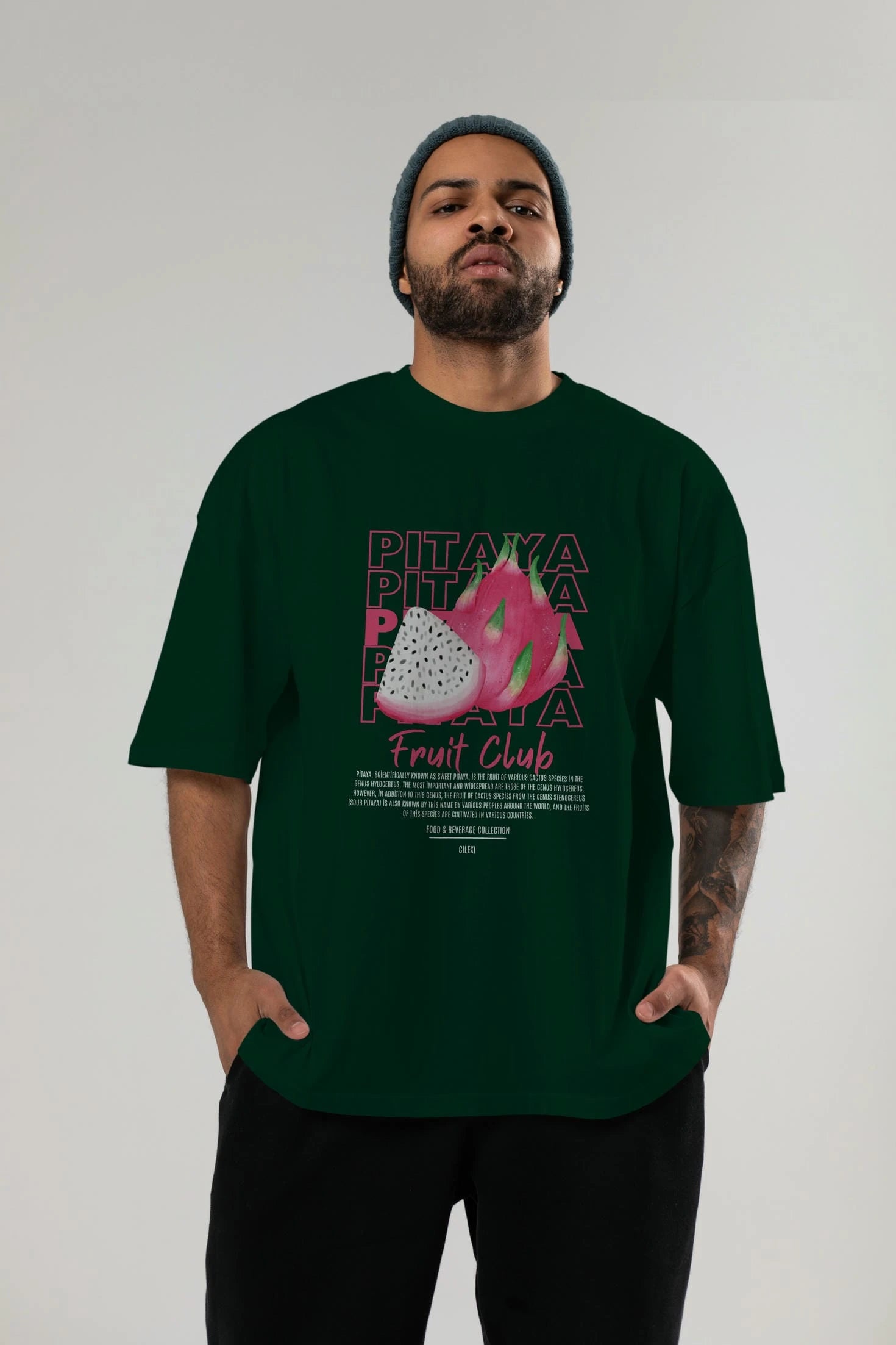 Pitaya Ön Baskılı Oversize t-shirt Erkek Kadın Pamuk Bisiklet Yaka tişort