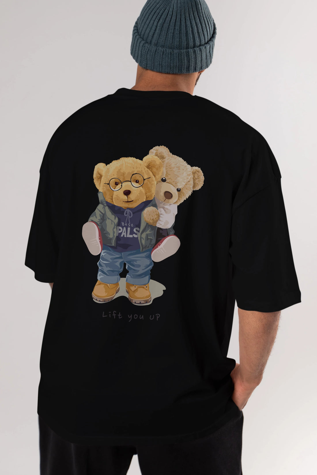 Teddy Bear Lift You Up Arka Baskılı Oversize t-shirt Erkek Kadın Unisex %100 Pamuk