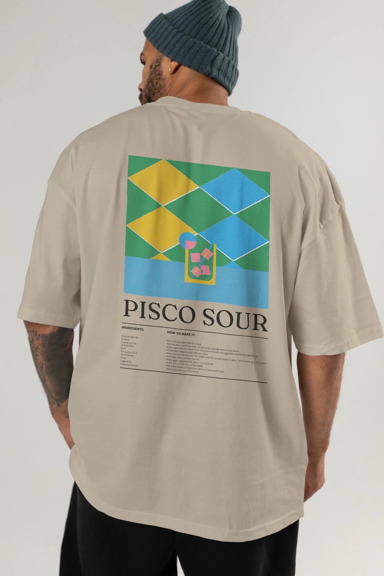 Pisco Sour Kokteyl Serisi Arka Baskılı Oversize t-shirt Erkek Kadın %100 Pamuk Bisiklet Yaka tişort