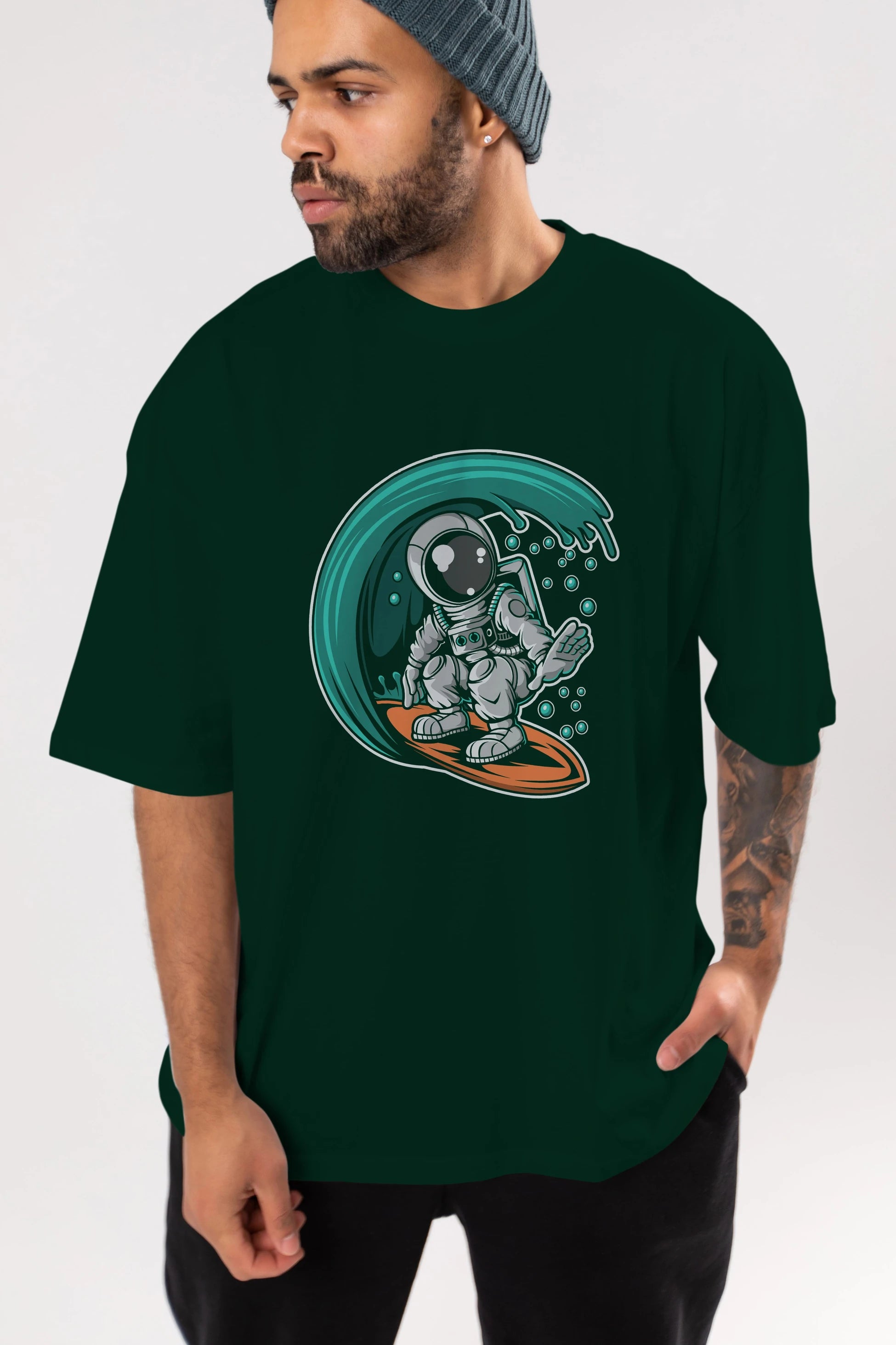 Astronaut Surfing Ön Baskılı Oversize t-shirt Erkek Kadın Unisex