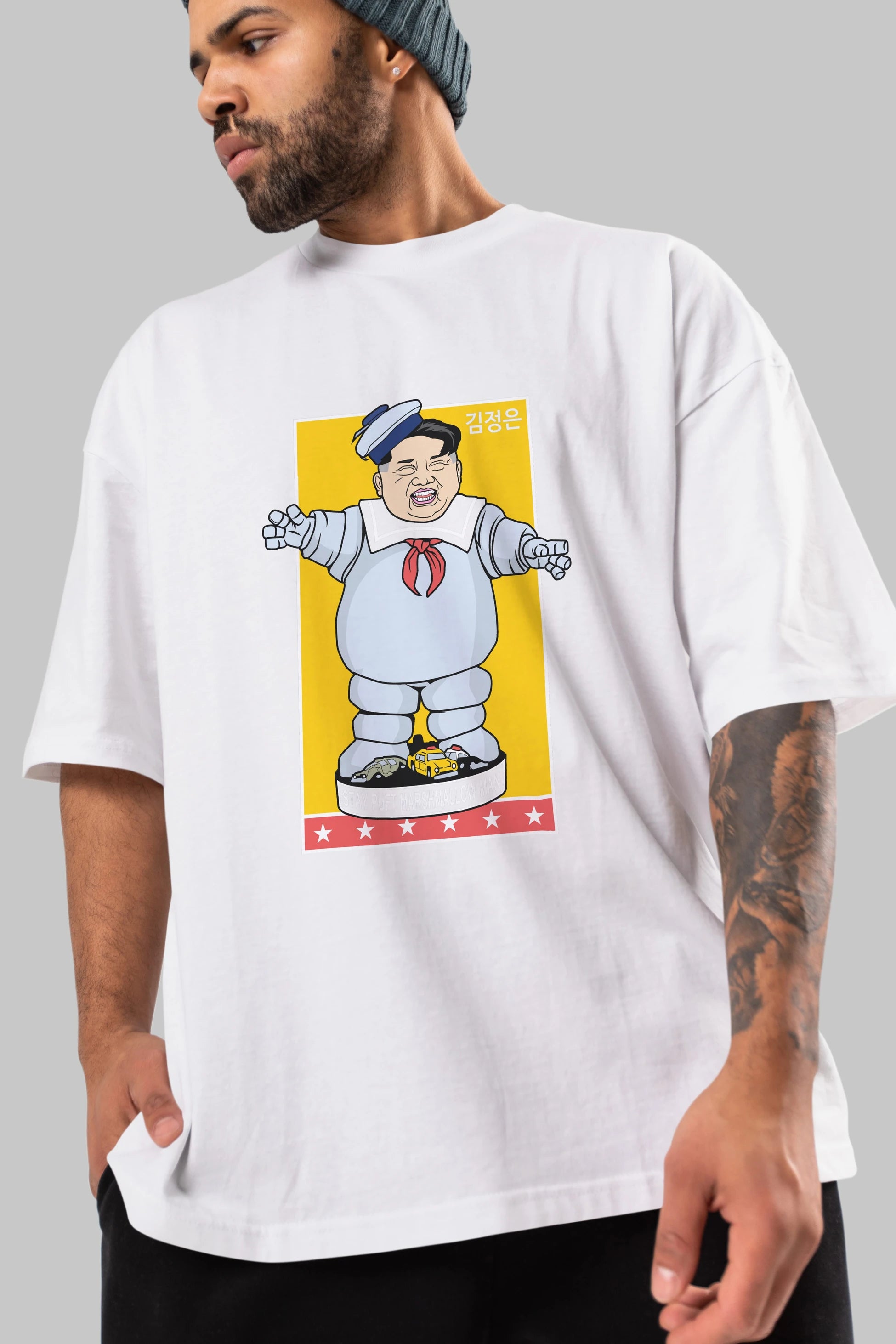 Stay Puft Jong Un Ön Baskılı Oversize t-shirt Erkek Kadın Unisex %100 Pamuk tişort