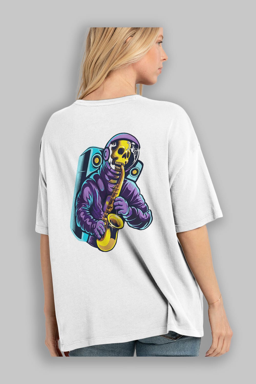 Astroskull Saxophonist Sticker Arka Baskılı Oversize t-shirt Erkek Kadın Unisex