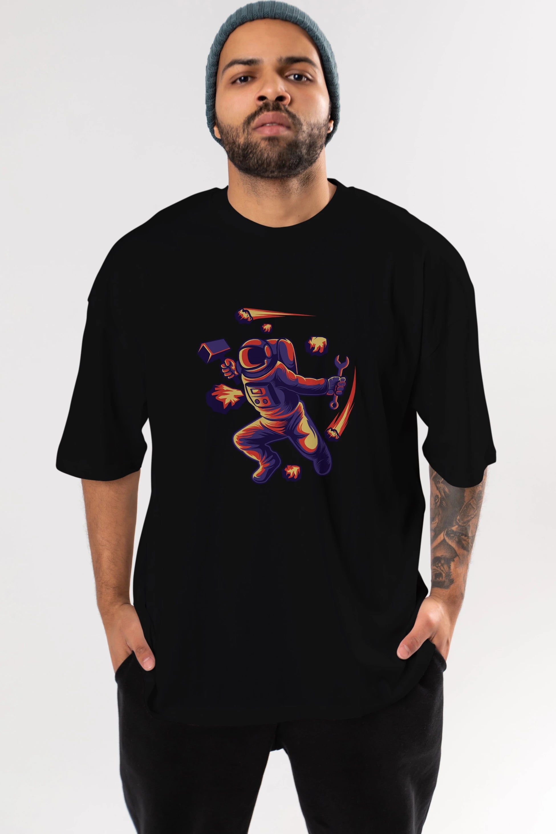 Astronaut Block Meteor Ön Baskılı Oversize t-shirt Erkek Kadın Unisex