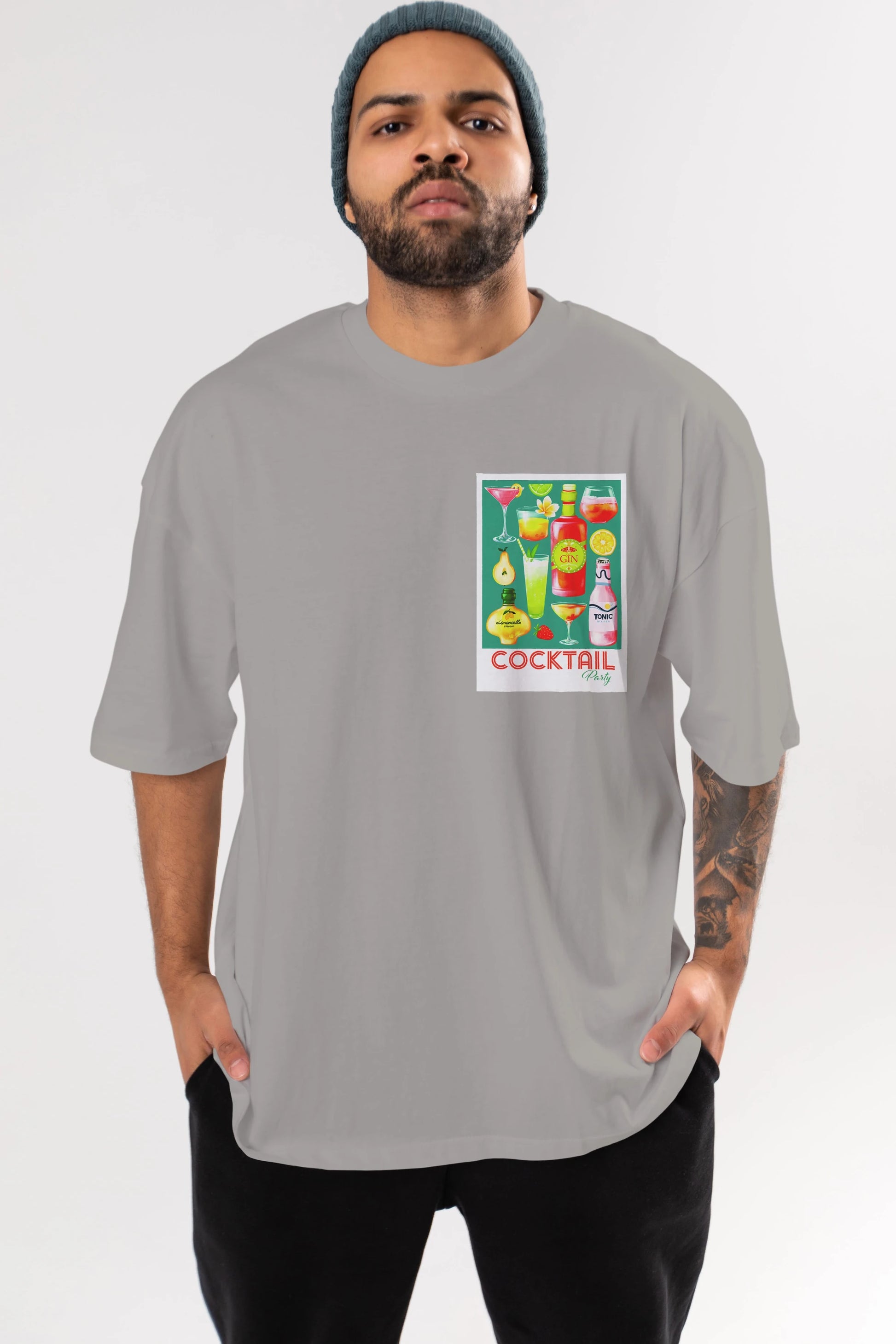 Cocktail Party 2 Ön Sol Baskılı Oversize t-shirt Erkek Kadın Unisex %100 Pamuk Bisiklet Yaka tişort
