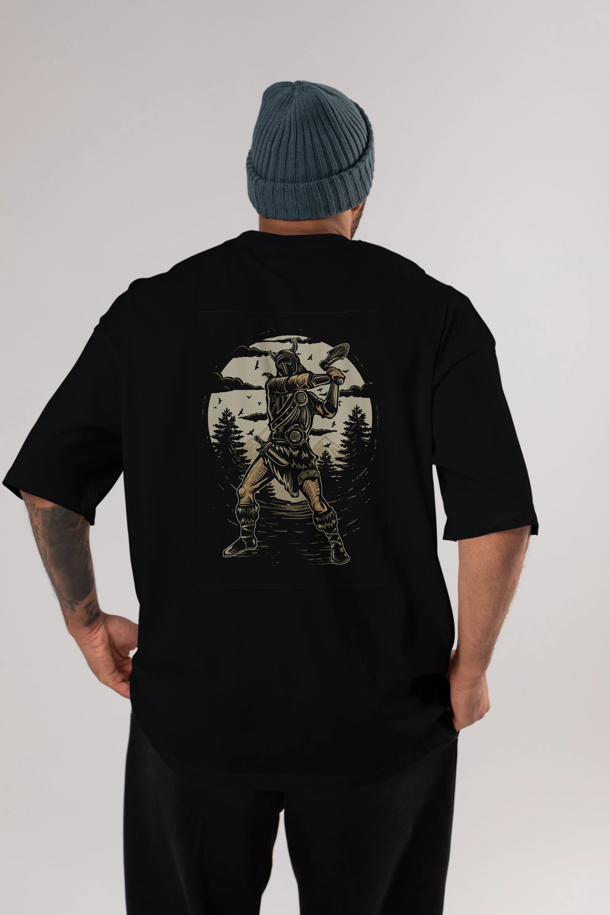 Viking Arka Baskılı Oversize t-shirt Erkek Kadın Unisex %100 Pamuk