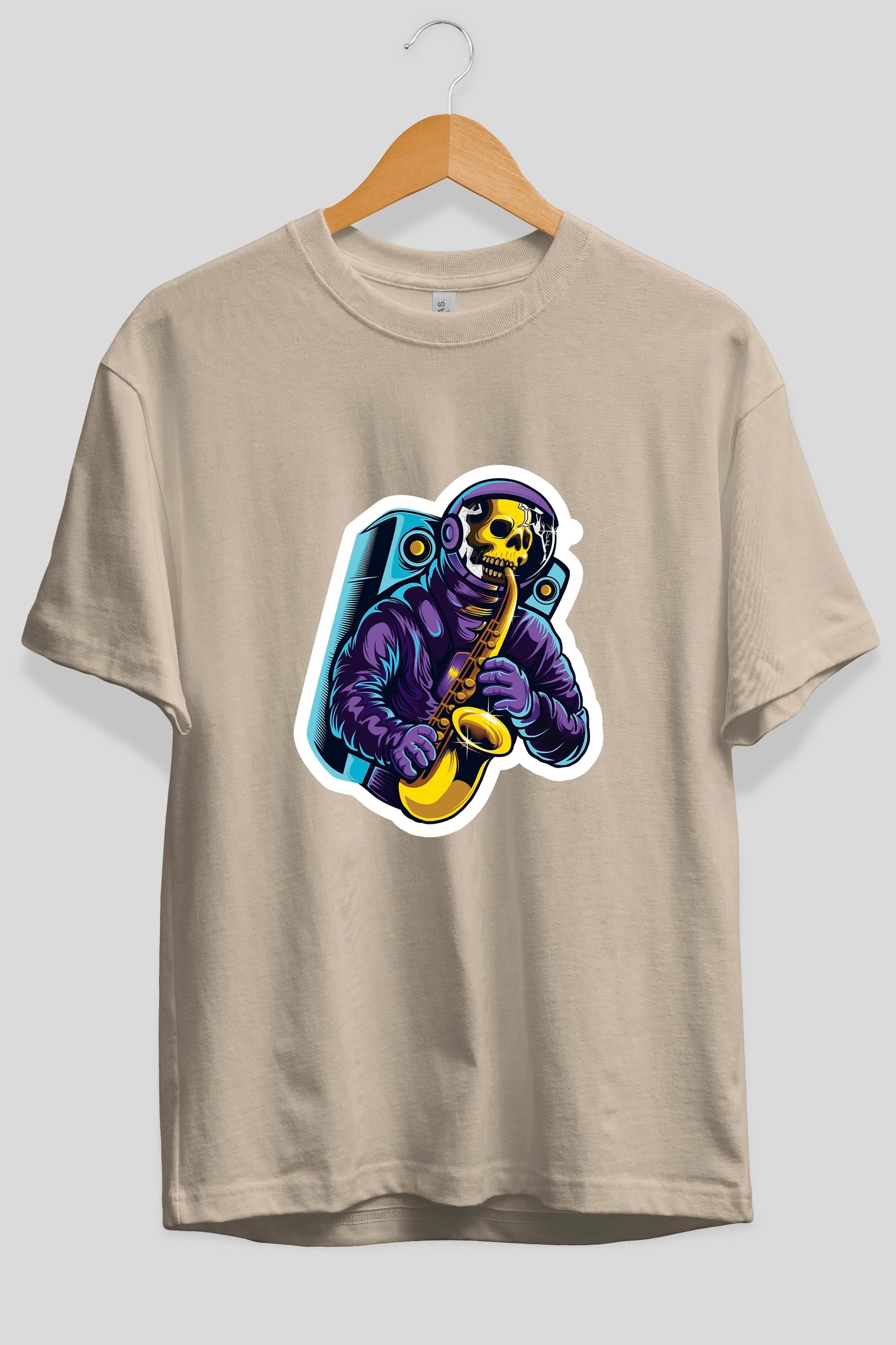Astroskull Saxophonist Sticker Ön Baskılı Oversize t-shirt Erkek Kadın Unisex