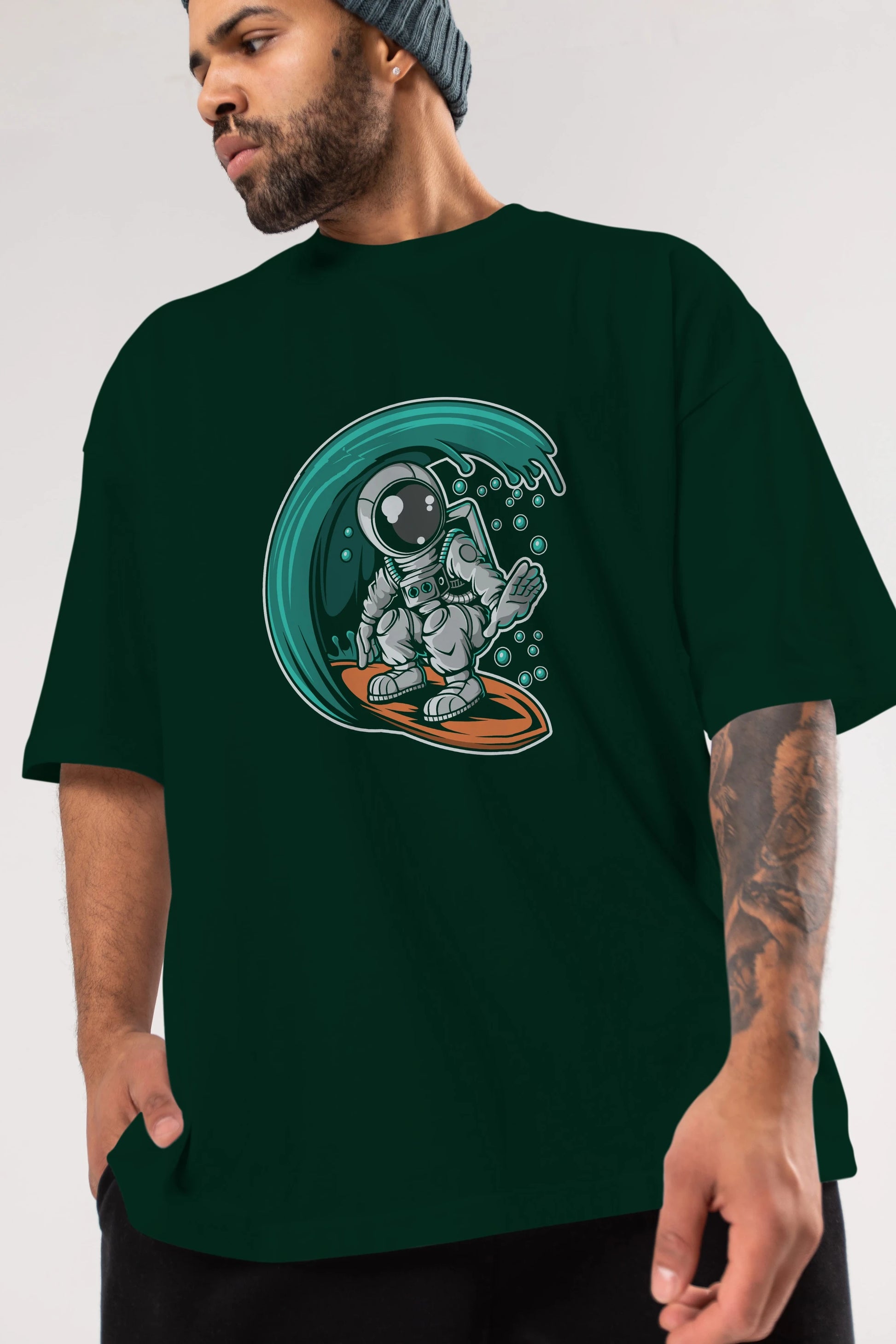 Astronaut Surfing Ön Baskılı Oversize t-shirt Erkek Kadın Unisex