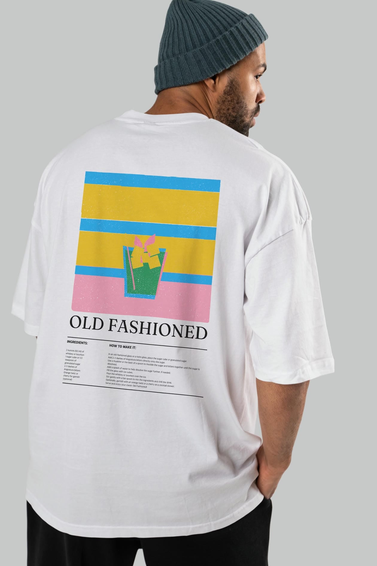Old Fashioned Kokteyl Serisi Arka Baskılı Oversize t-shirt Erkek Kadın %100 Pamuk Bisiklet Yaka tişort