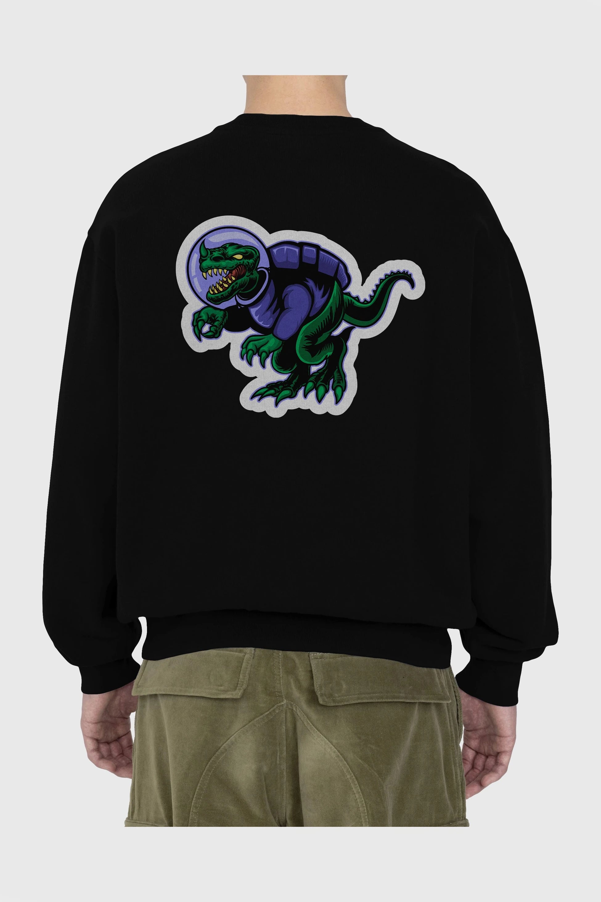 Space Dino Sticker Arka Baskılı Oversize Sweatshirt Erkek Kadın Unisex