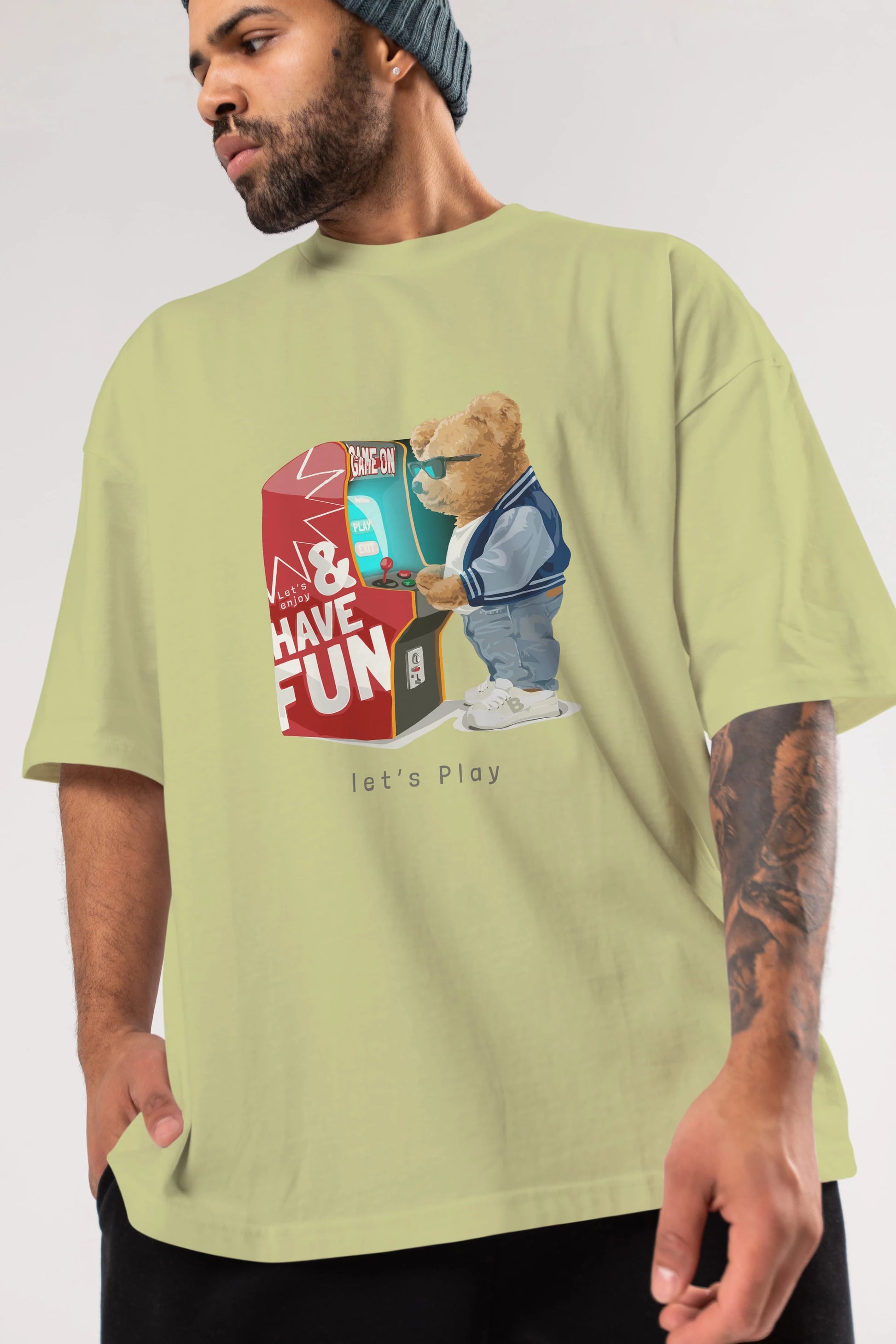 Teddy Bear Lets Play Ön Baskılı Oversize t-shirt Erkek Kadın Unisex %100 Pamuk