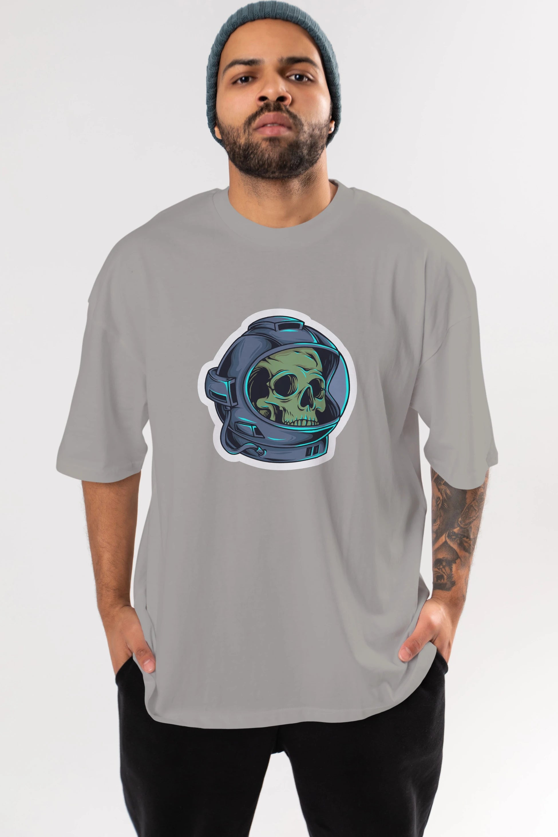 Astroskull Sticker Ön Baskılı Oversize t-shirt Erkek Kadın Unisex
