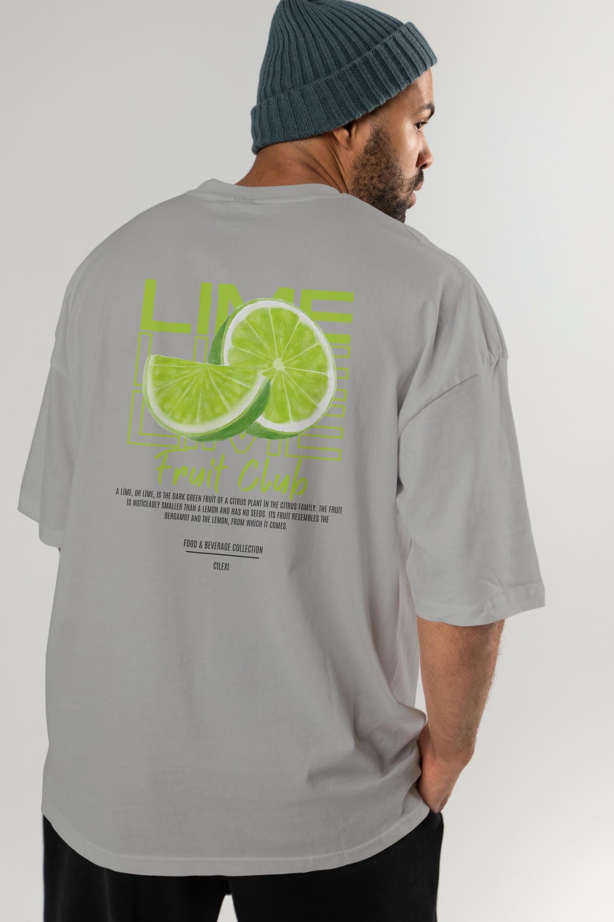 Lime Arka Baskılı Oversize t-shirt Erkek Kadın Pamuk Bisiklet Yaka tişort
