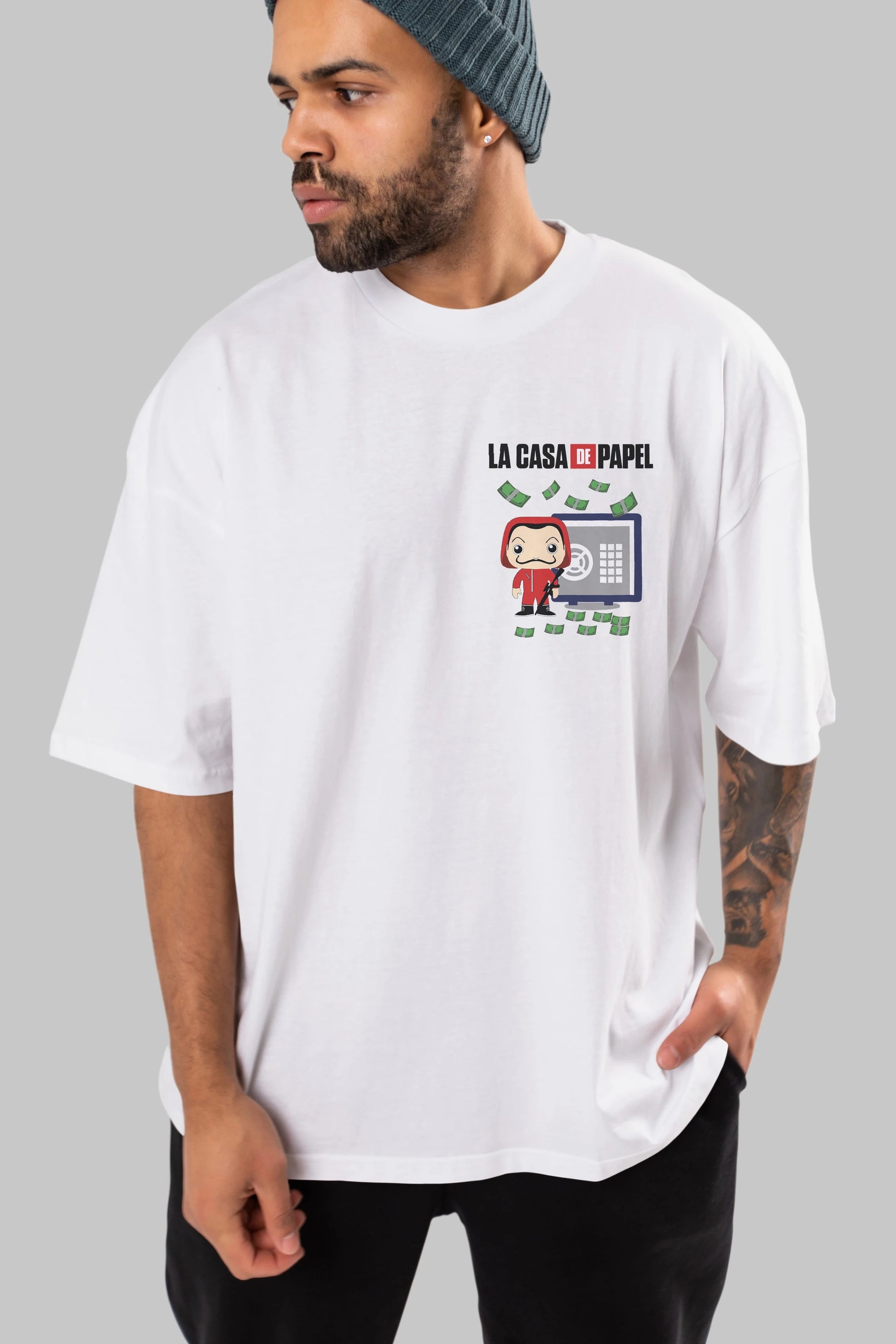 La Casa De Papel (4) Ön Sol Baskılı Oversize t-shirt Erkek Kadın Unisex %100 Pamuk Bisiklet Yaka tişort