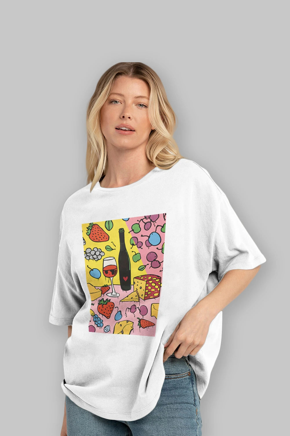 Wine Cheese Fruits Ön Baskılı Oversize t-shirt Erkek Kadın Unisex %100 Pamuk Bisiklet Yaka tişort