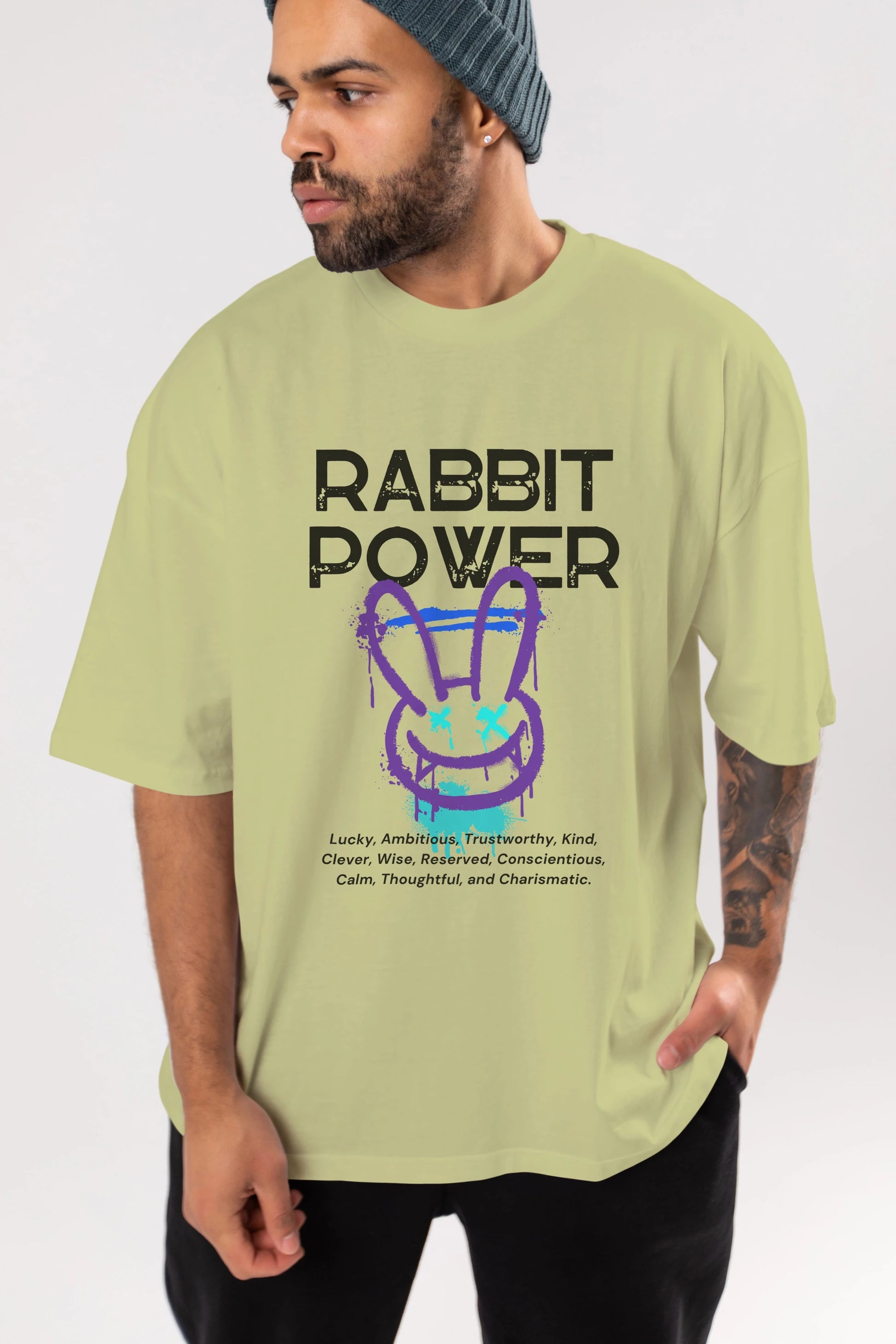 Rabbit Power Yazılı Ön Baskılı Oversize t-shirt Erkek Kadın Unisex