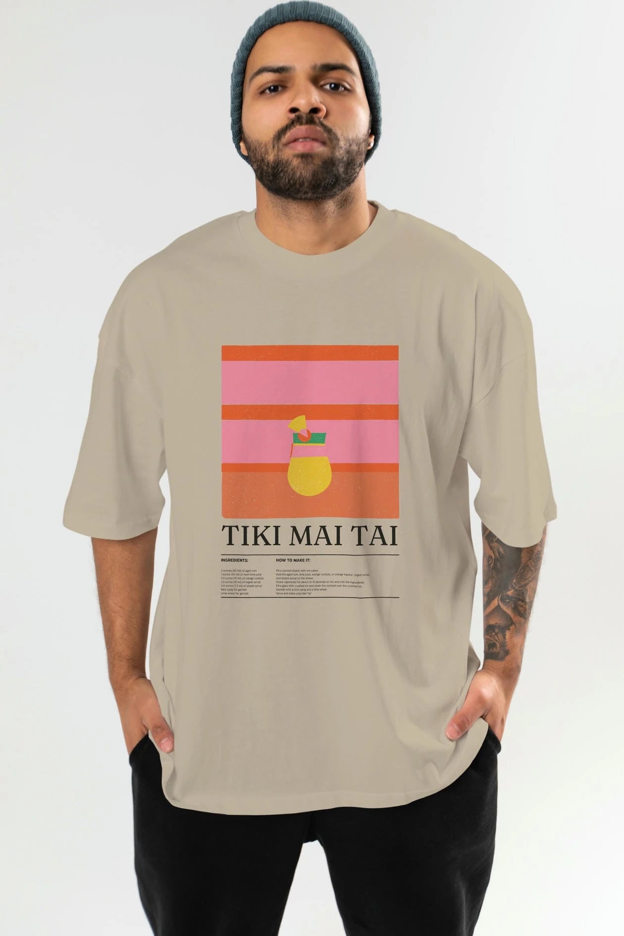 Tiki Mai Tai Kokteyl Ön Baskılı Oversize t-shirt Erkek Kadın %100 Pamuk Bisiklet Yaka tişort