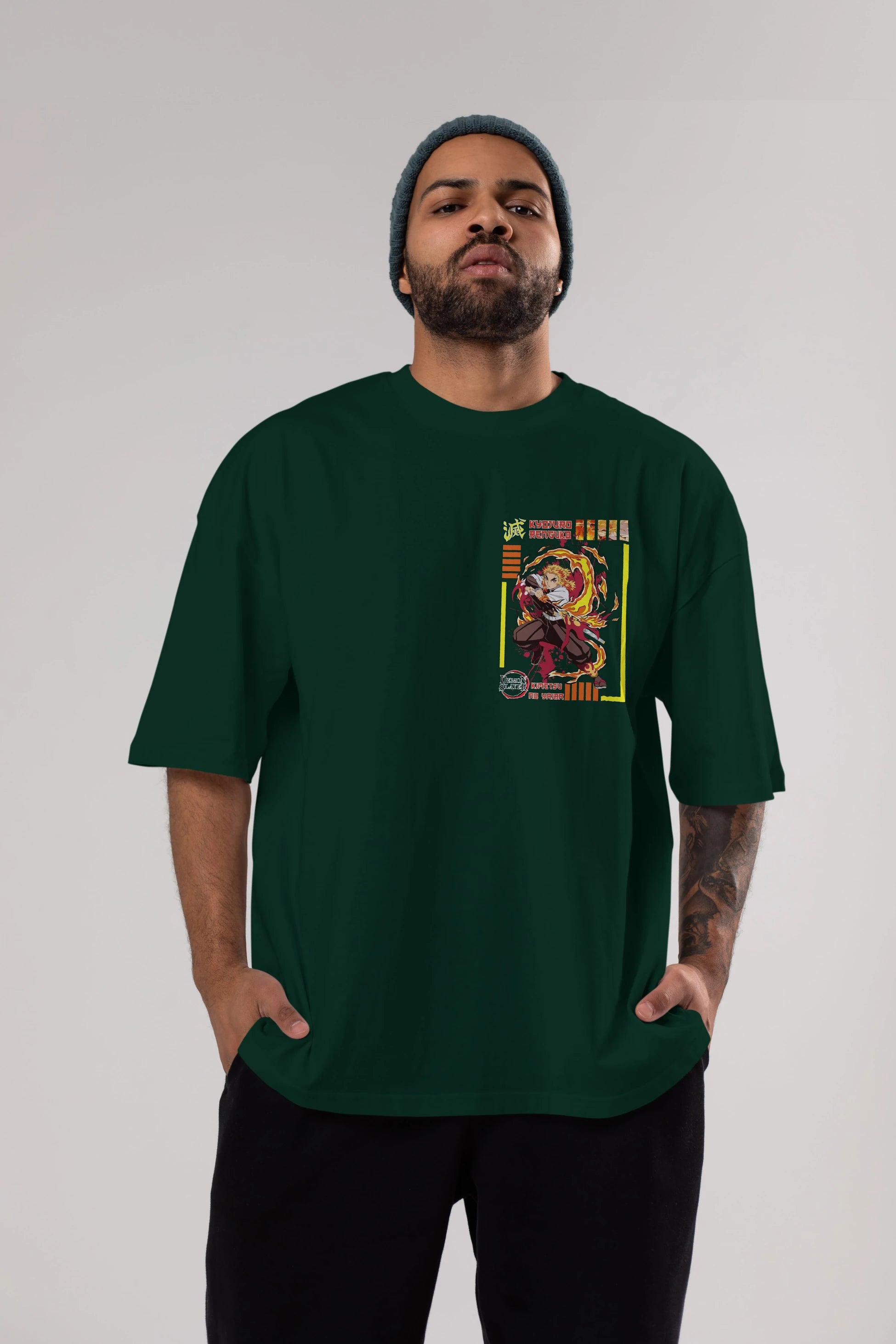 KYOJURO RENGOKU Ön Sol Baskılı Oversize t-shirt Erkek Kadın Unisex %100 Pamuk Bisiklet Yaka tişort