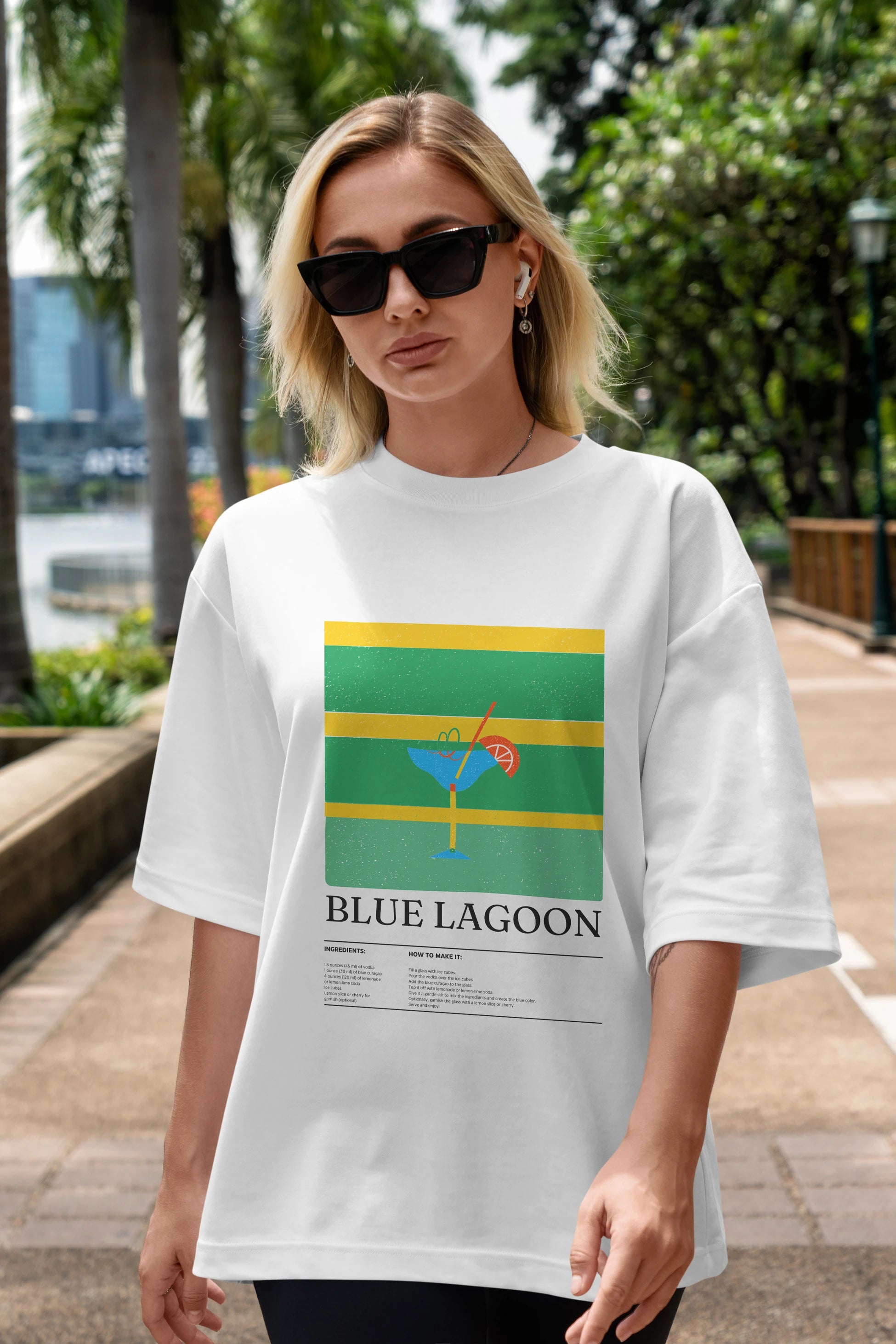 Blue Lagoon Kokteyl Ön Baskılı Oversize t-shirt Erkek Kadın %100 Pamuk Bisiklet Yaka tişort