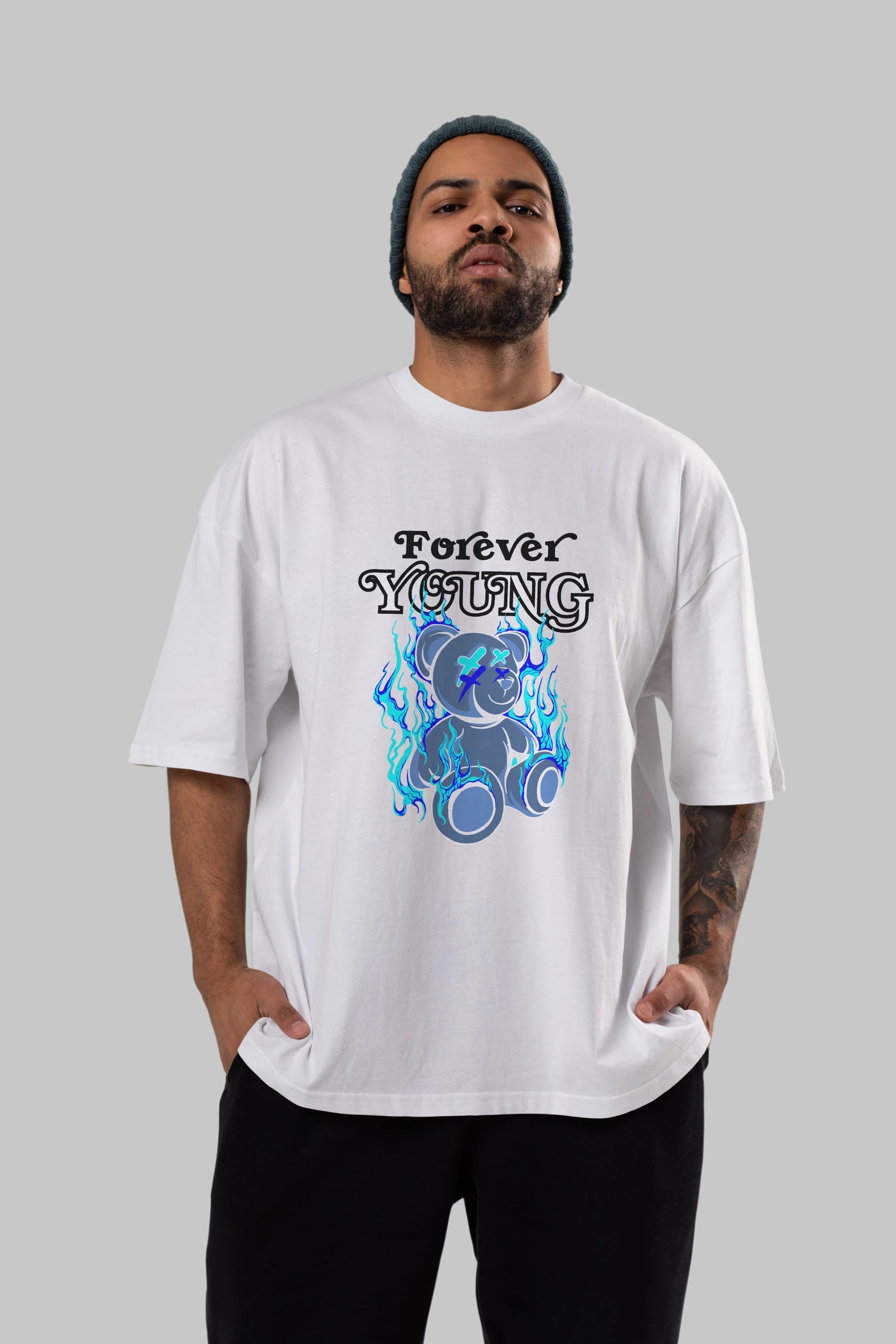 Forever Young Bear Ön Baskılı Oversize t-shirt Erkek Kadın Unisex