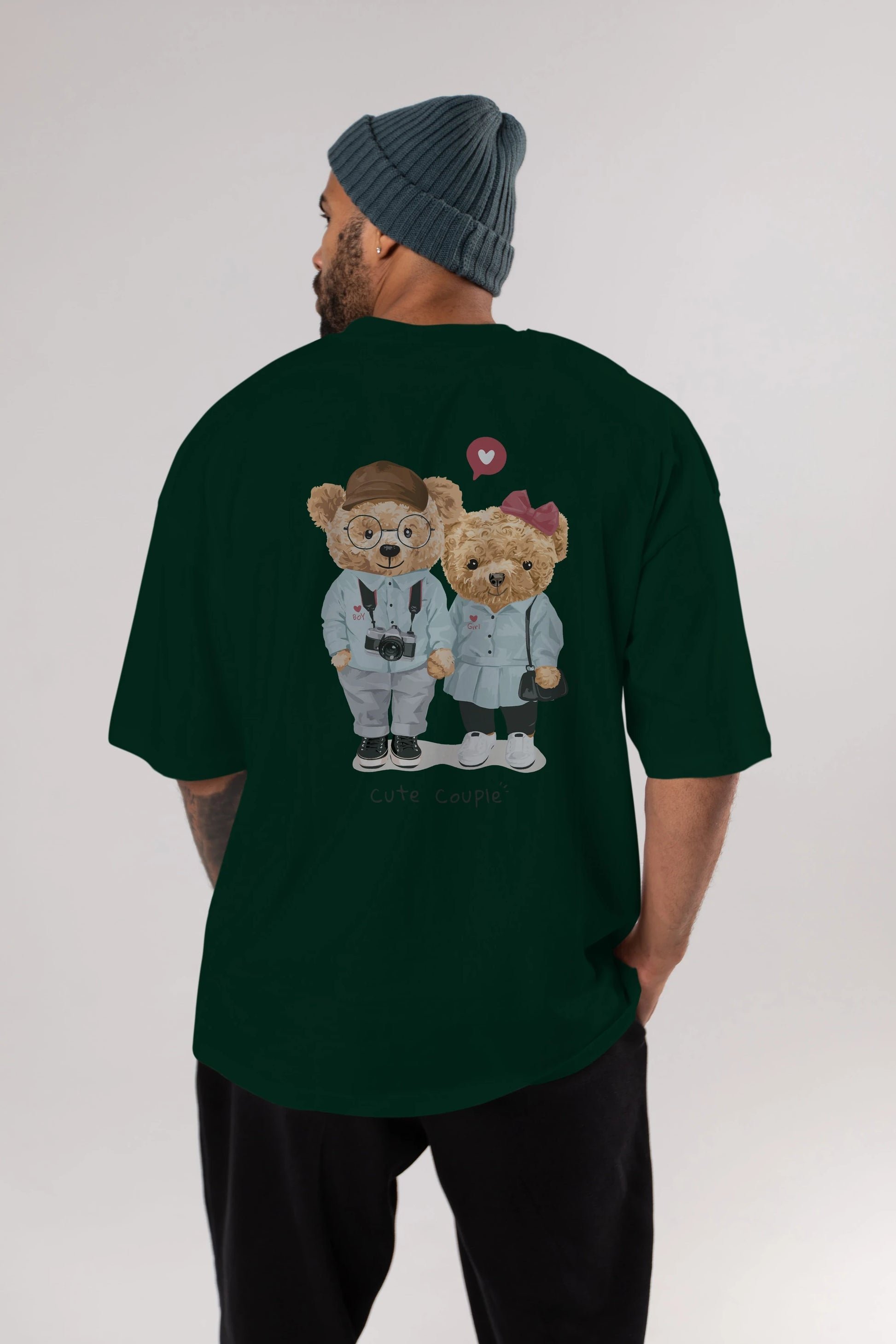 Teddy Bear Cute Couple Arka Baskılı Oversize t-shirt Erkek Kadın Unisex %100 Pamuk