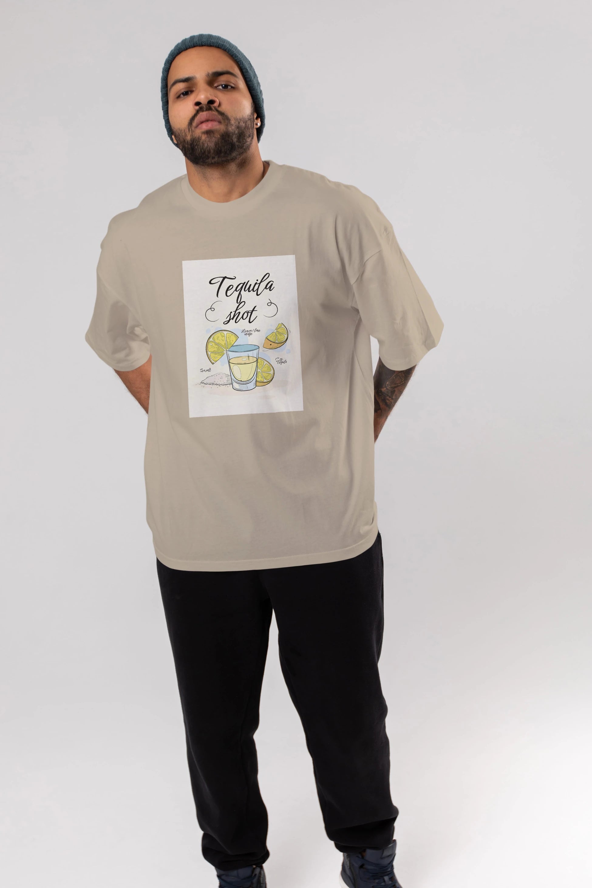 Tequila Shot Ön Baskılı Oversize t-shirt Erkek Kadın Unisex %100 Pamuk Bisiklet Yaka tişort