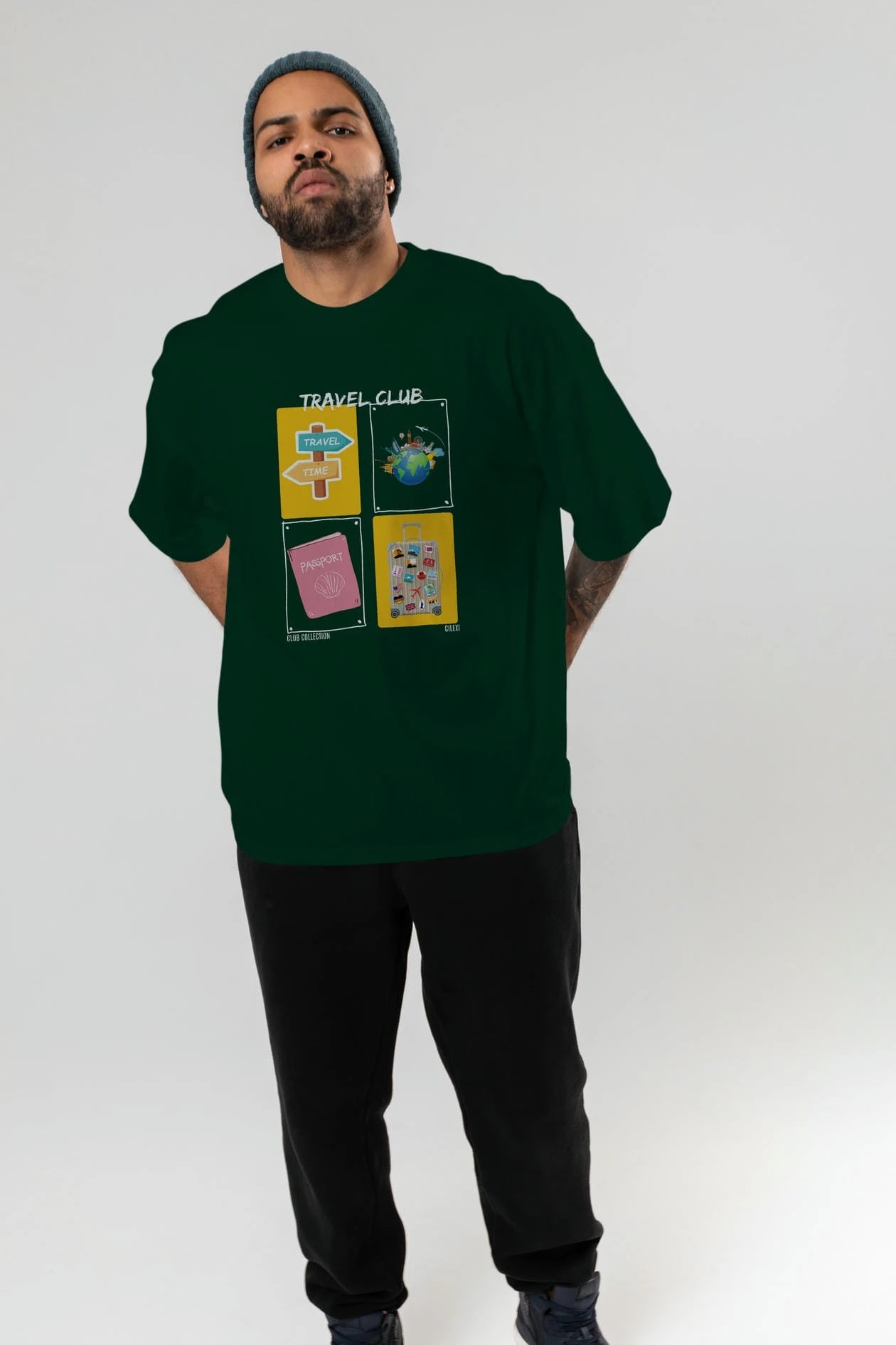 Travel Club ön Baskılı Oversize t-shirt Erkek Kadın %100 Pamuk Bisiklet Yaka tişort