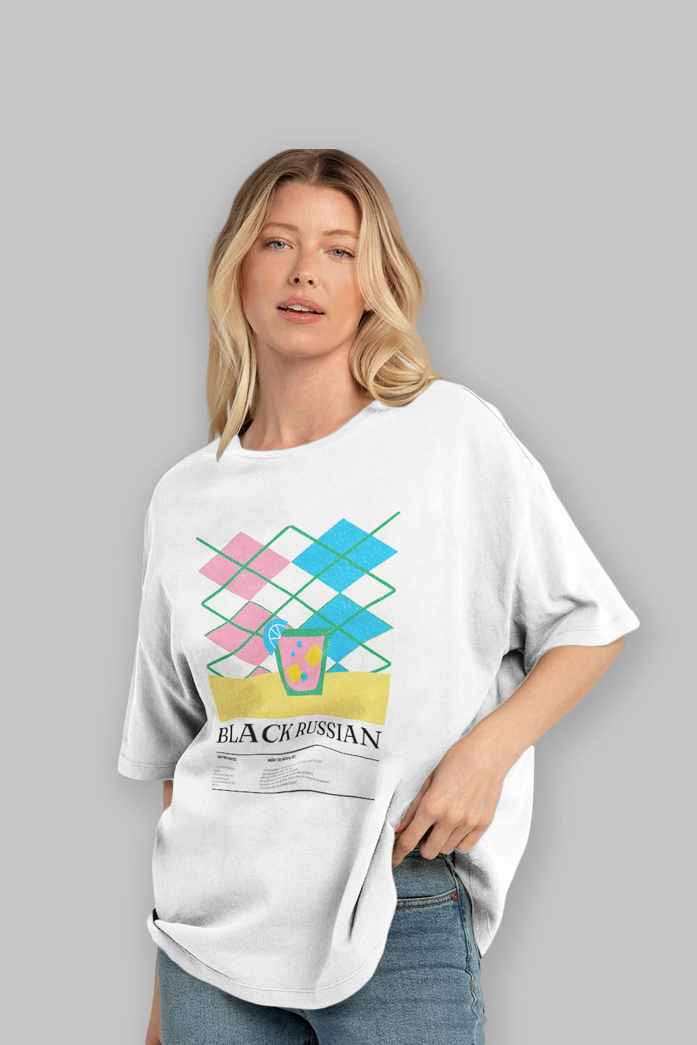 Black Russian Kokteyl Ön Baskılı Oversize t-shirt Erkek Kadın %100 Pamuk Bisiklet Yaka tişort