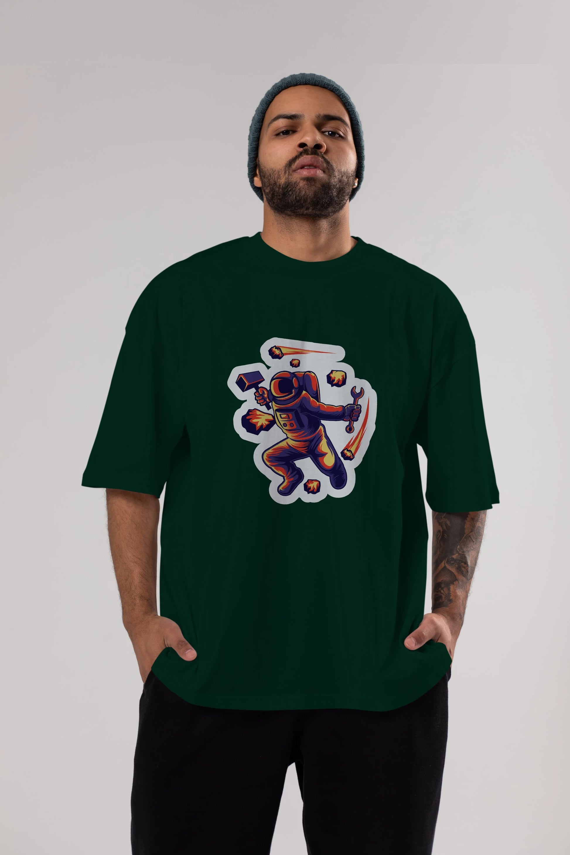 Astronaut Block Meteor Sticker Ön Baskılı Oversize t-shirt Erkek Kadın Unisex
