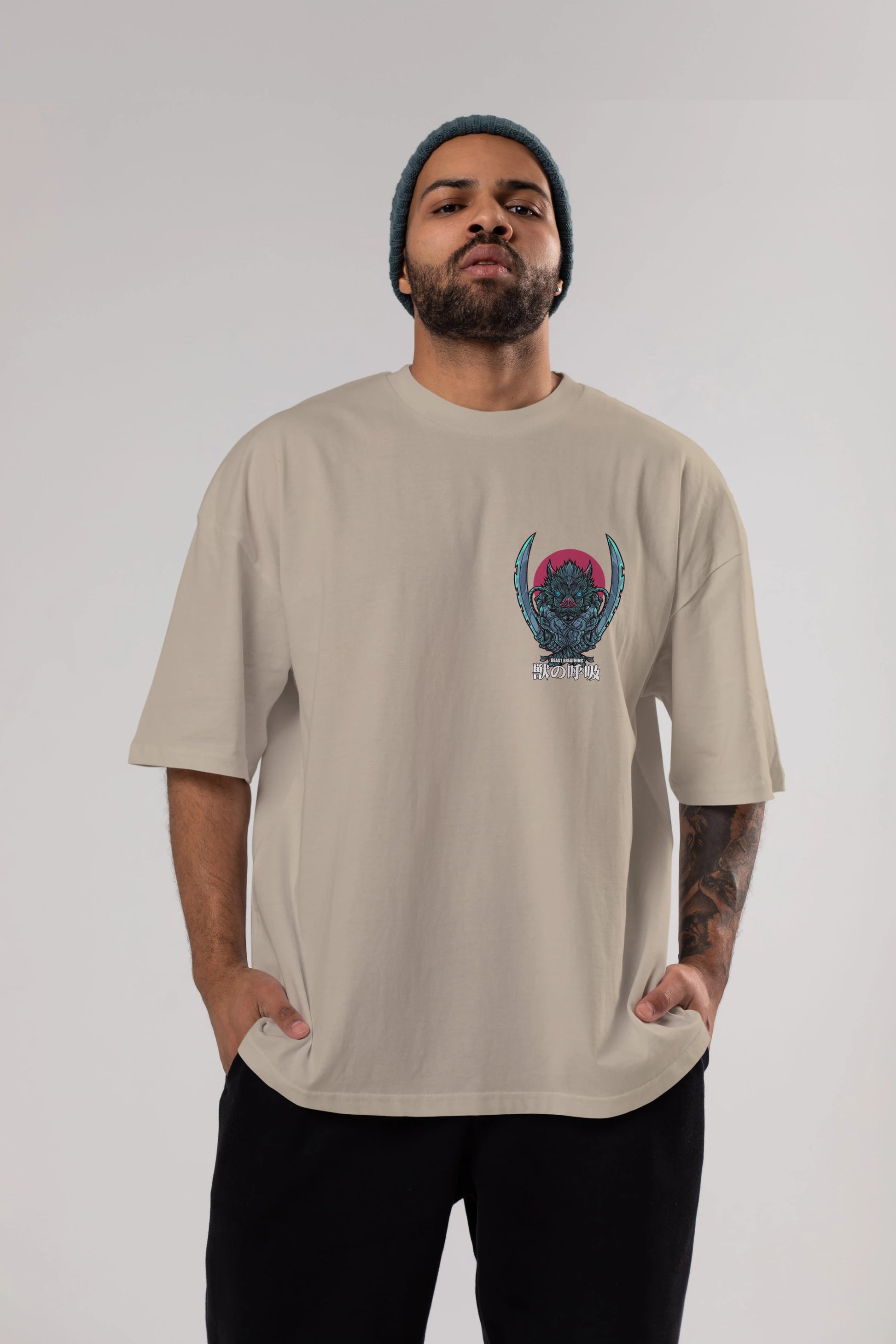 Inosuke DEMON SLAYER Ön Sol Baskılı Oversize t-shirt Erkek Kadın Unisex %100 Pamuk Bisiklet Yaka tişort