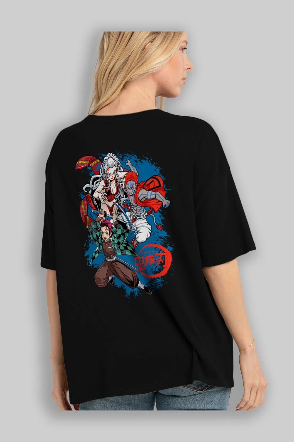 TANJIRO ,AKAZA,DAKI Anime Arka Baskılı Oversize t-shirt Erkek Kadın Unisex