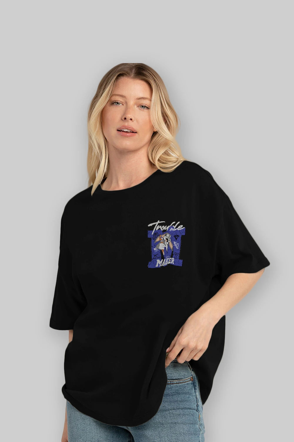 Bugs Bunny Ön Sol Baskılı Oversize t-shirt Erkek Kadın Unisex %100 Pamuk Bisiklet Yaka tişort